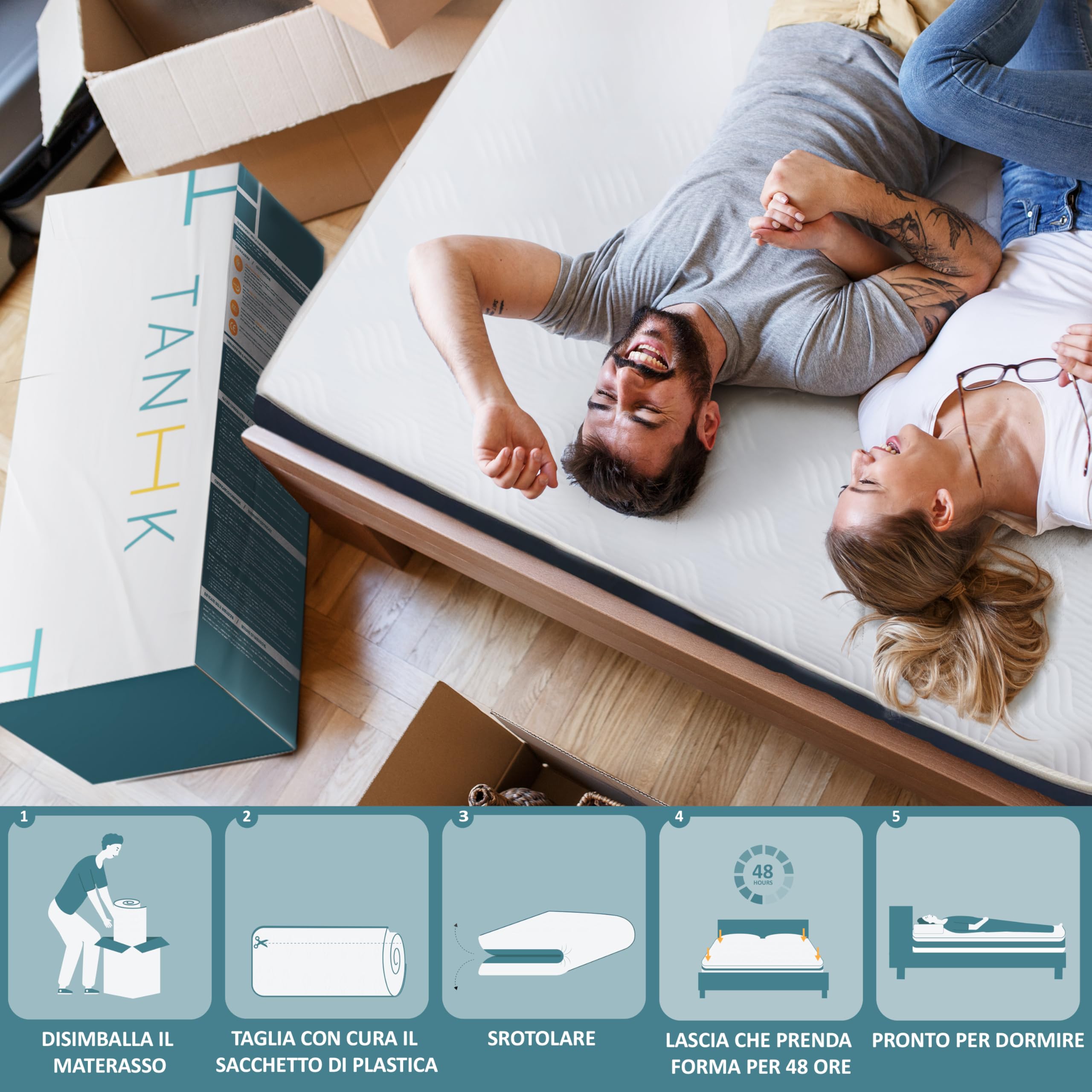 TANHK Materasso Memory Foam 160x200, 22cm, Rigidità Media, Spessore Migliorato, Rivestimento 100% cotone, Made in Italy