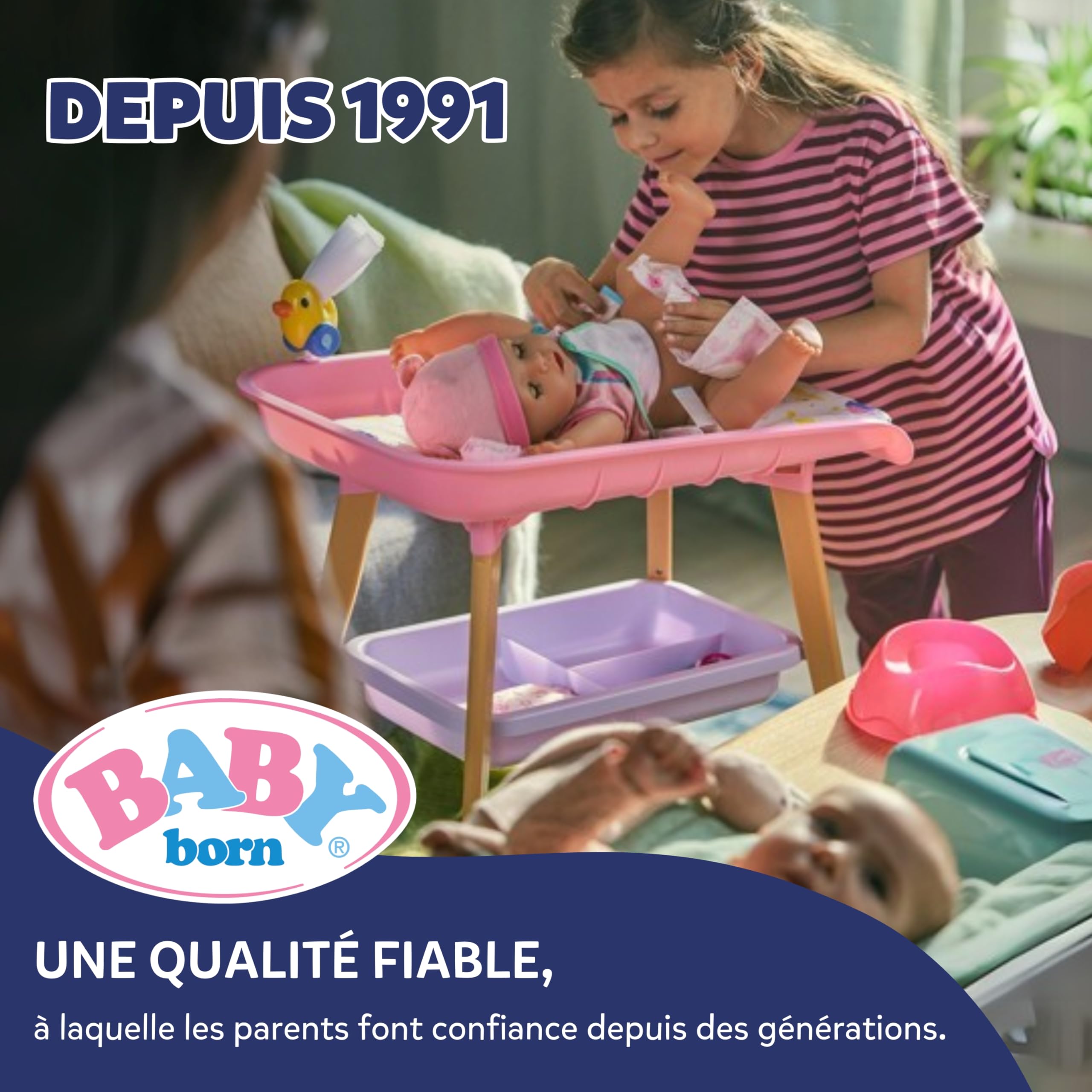 BABY born Sac à langer - Sac à langer pour poupée rose/gris - Accessoires de haute qualité pour poupées avec matelas à langer, couches et boîte à poudre - Convient aux enfants à partir de 3 ans