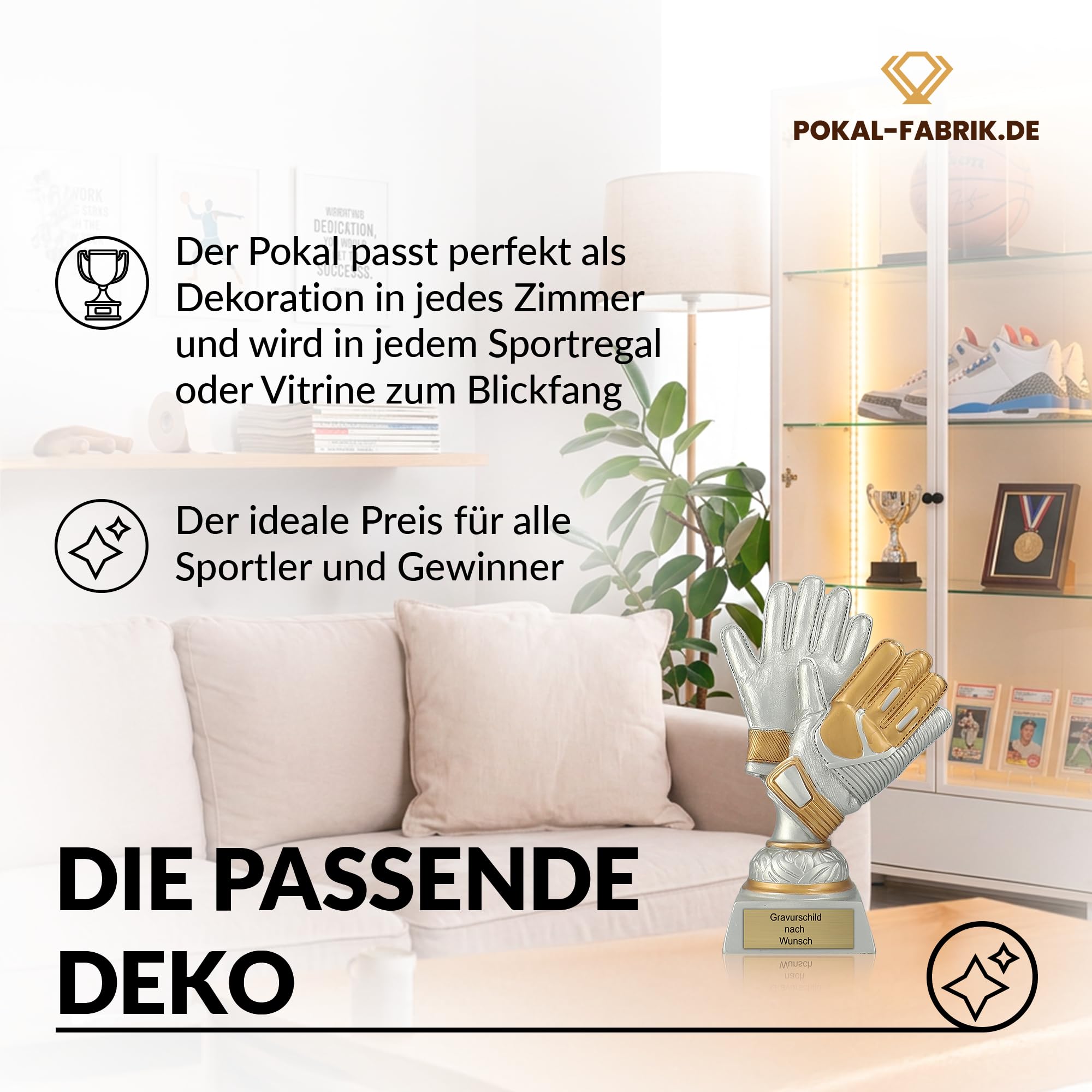 Pokal-Fabrik - Torwart-Handschuhe Fussball Pokal mit Gravur Wunschtext - Gold/Silber Trophäe 17 cm – personalisierte Auszeichnung für Fußball WM, Sport Events & Wanderpokal