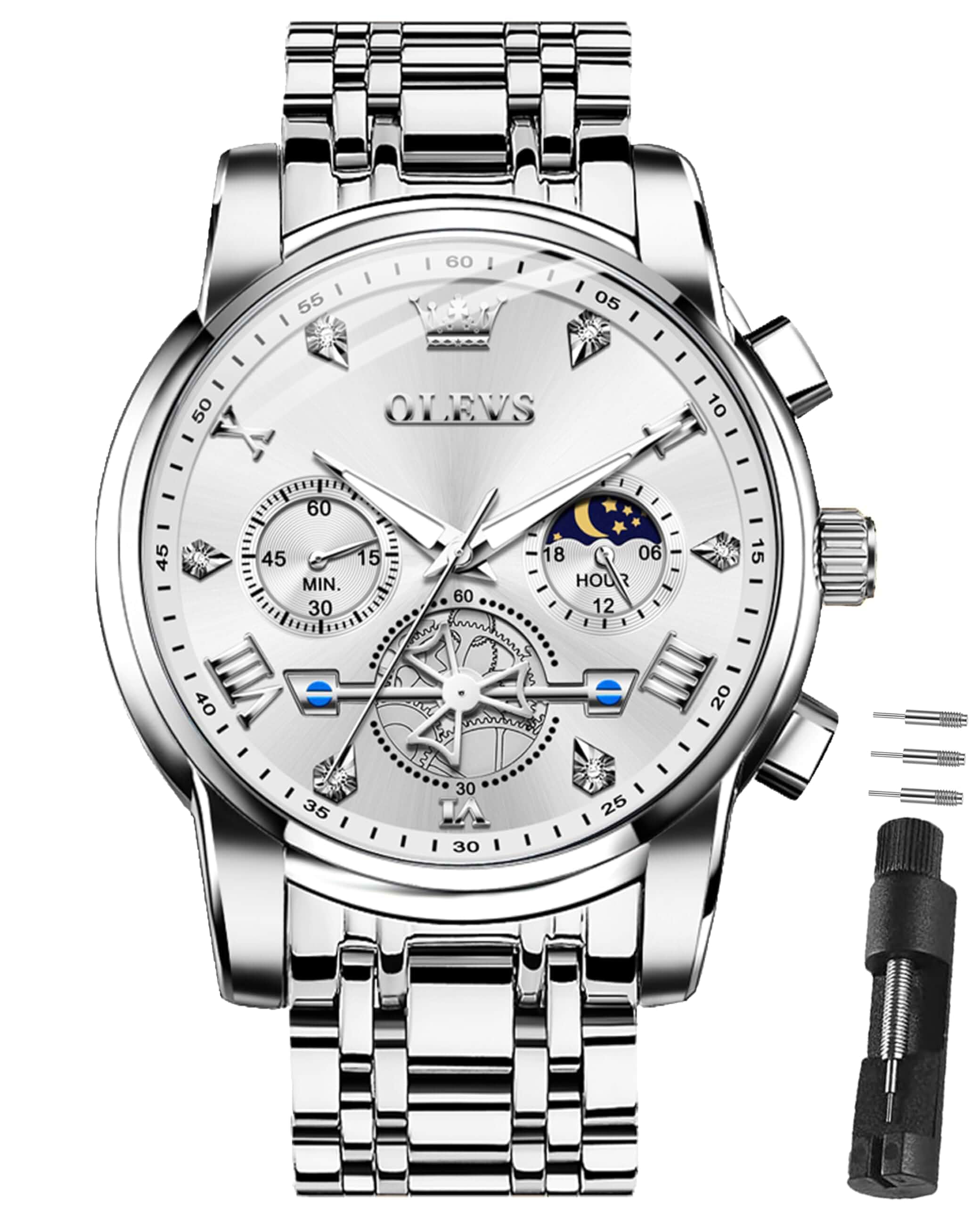 OLEVS Watches for Men Dress Chronograph Luxury Stainless Steel Big Face Luxury Men Watches Multi-Function Easy to Read Diamond Roman Numerals Business Wristwatch Reloj para Hombre
