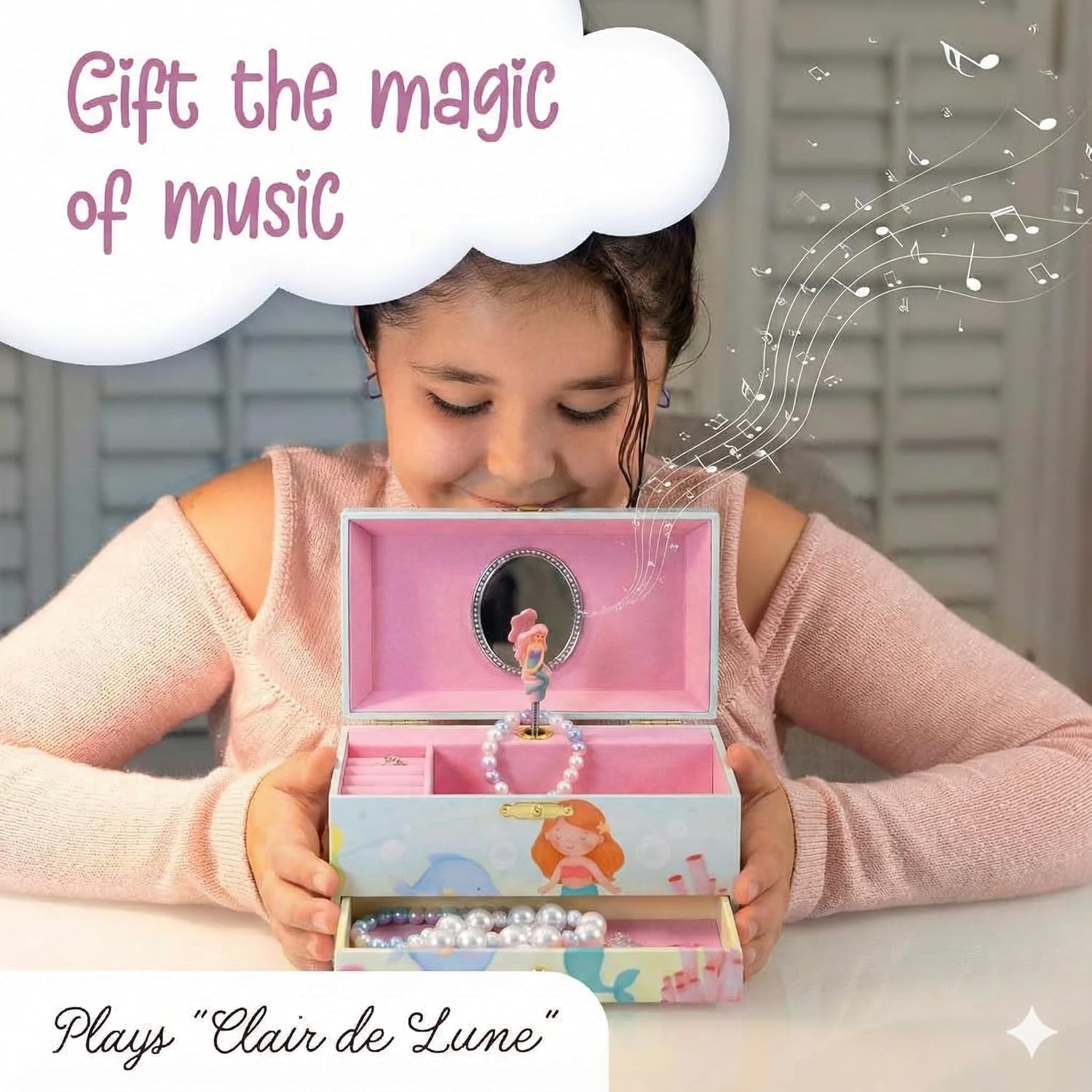 The Memory Building Co Mermaid Musical Jewelry Box Plays Classic Melody, Storage Organizer Music Box for Kids Ages 6-12, MDF Wood w/ 2 Fabric Lined Ring Bracelet Necklace Treasure Compartments