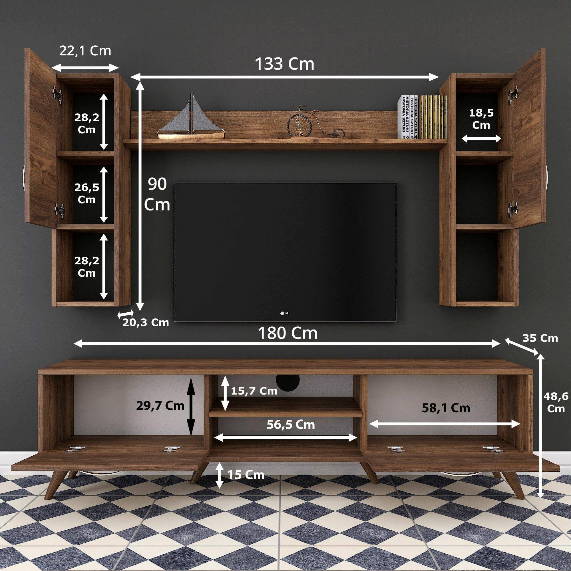 Dmora - Parete attrezzata Lucifer, Composizione soggiorno, Mobile salotto multiuso, Armadio porta TV, 180x35 h49 cm, Noce