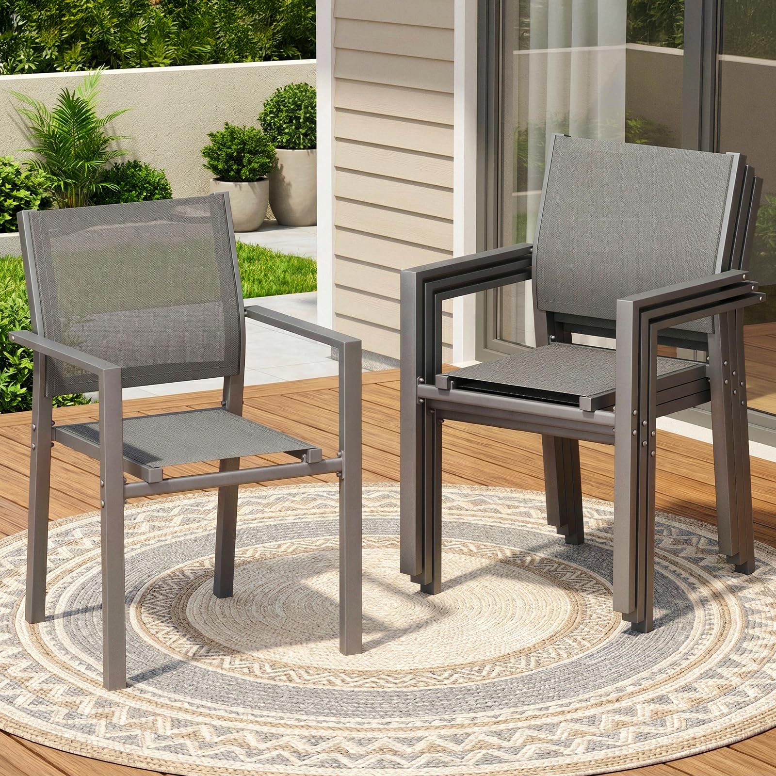 LIFERUN 4 sedie da giardino impilabili, sedie con braccioli da esterno, sedie da balcone, Teslin con struttura in metallo, per esterni, terrazza, giardino, piscina, fino a 120 kg, Grigio, 4pcs | fino a 120 kg, sedia da pranzo in metallo e Teslin, traspira