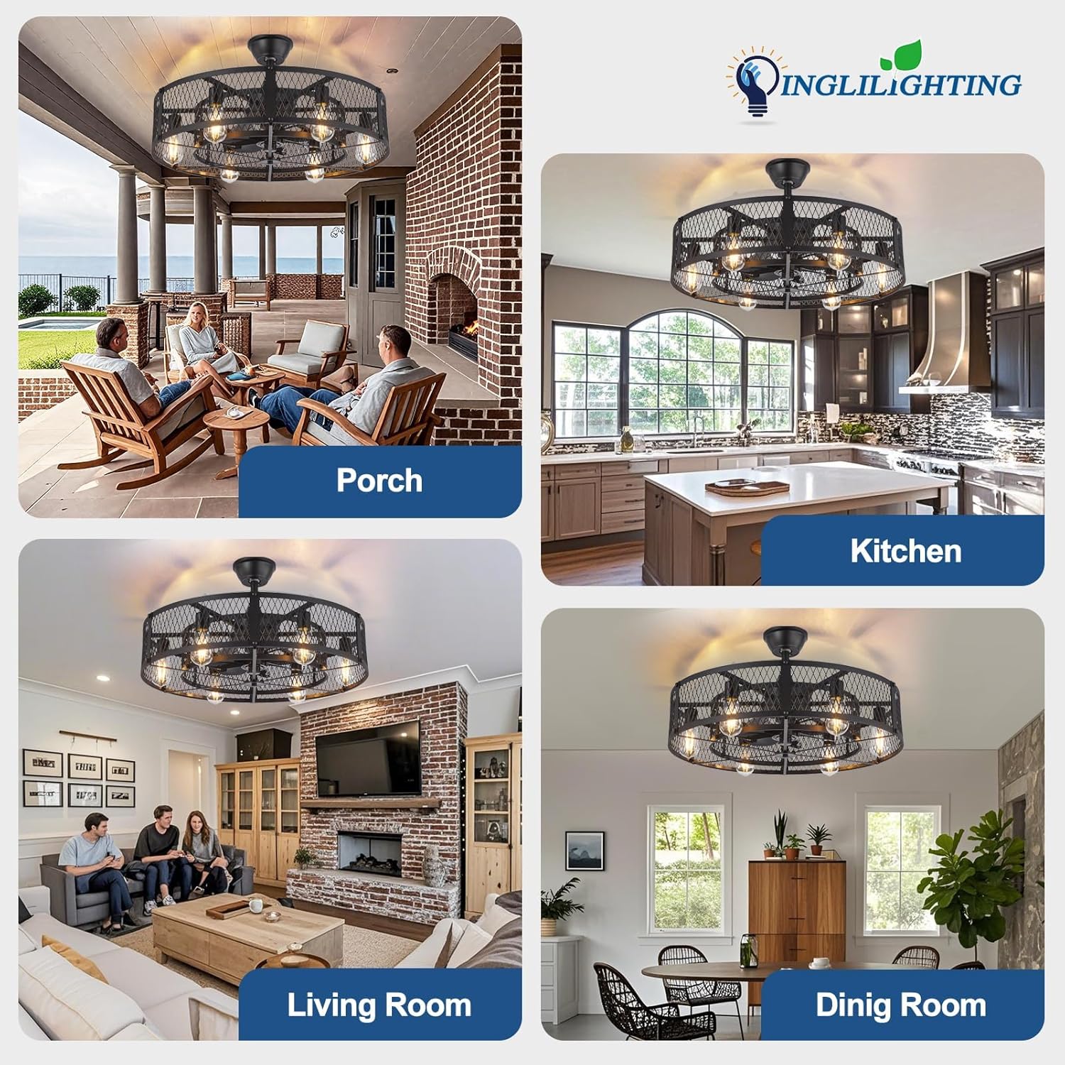DLLT Caged Ceiling Fan with Lights: 26" Bladeless Fandelier Ceiling Fans with Light and Remote - Black Industrial Chandelier Enclosed Fan Light for Bedroon Living Dining Room Kitchen