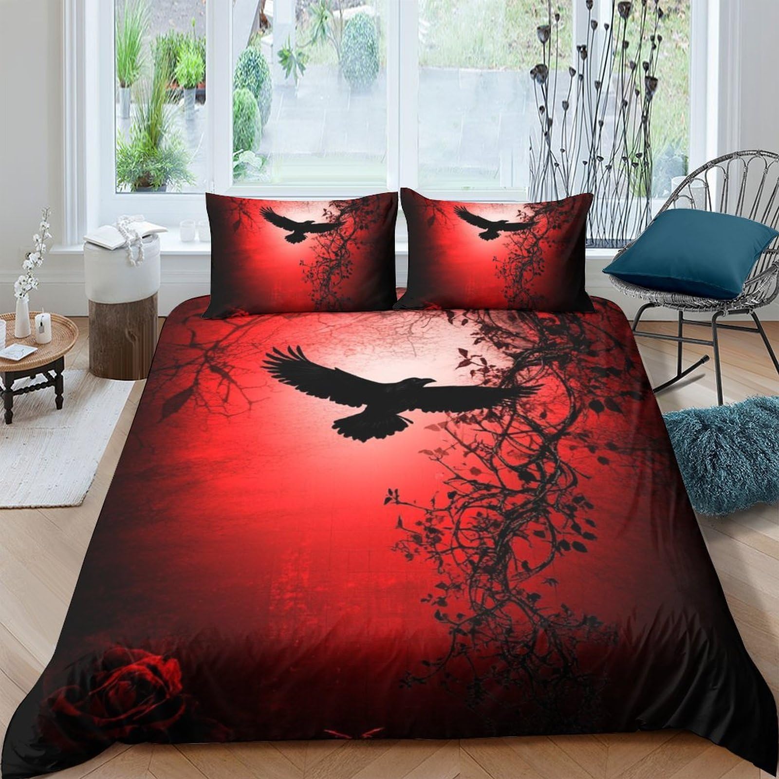 Ctjqhvkz Style-9 3D Printed Red Sunset Raven Fitted Sheet Microfiber Soft Breathable Black Forest Mattress Cover For Bedroom Decor Single（135X200cm）