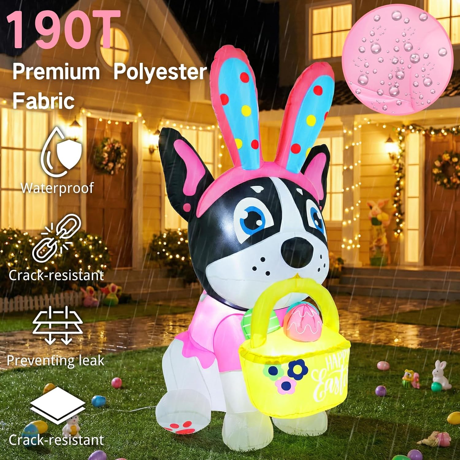 5FT Easter Inflatable French Bulldog with Egg Basket Yard Decoration Cute Bunny Ear Dog Blow Up Outdoor Décor with LED Lights Built-in Fan Stakes Ropes & Sandbags for Lawn Garden Holiday Display