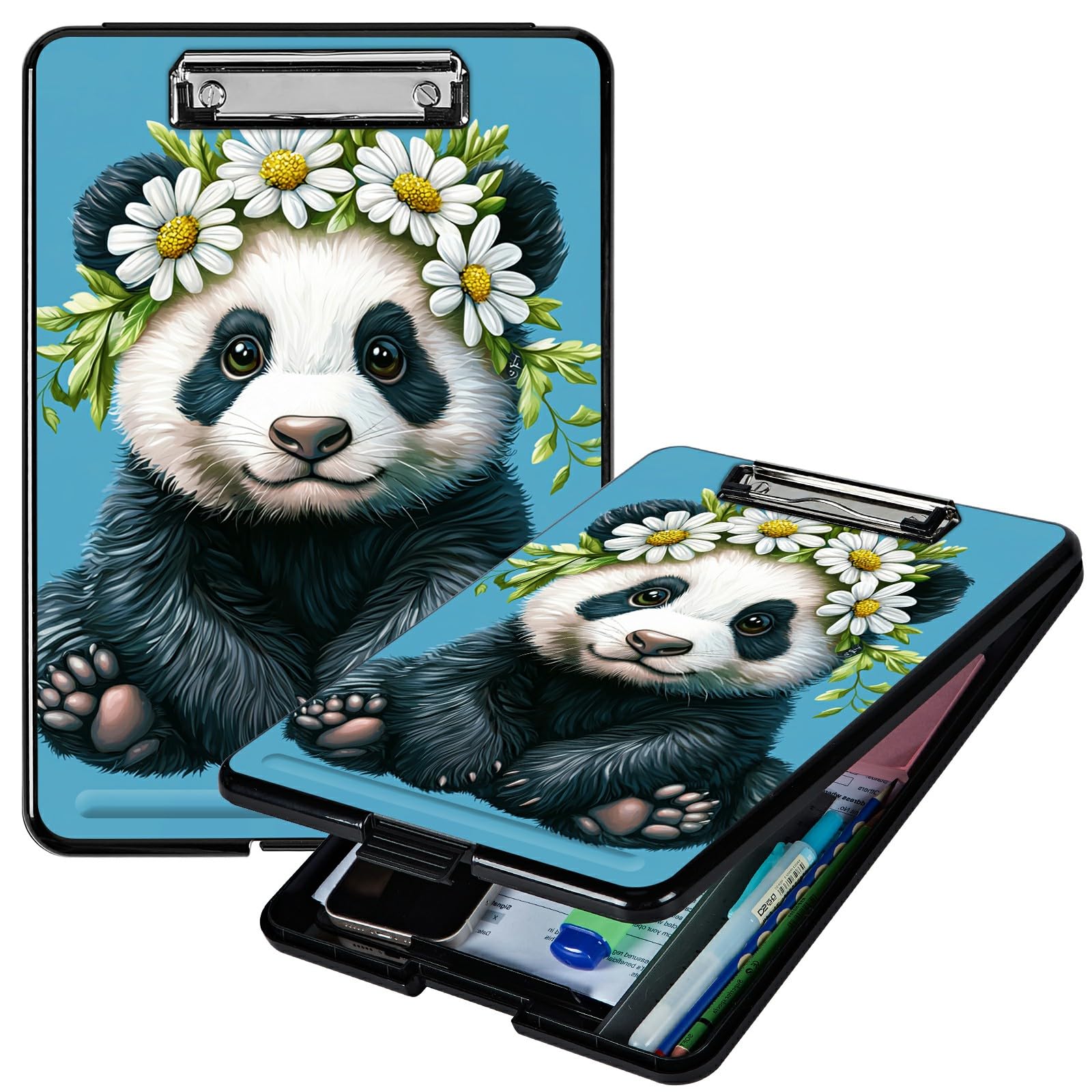RWUTYTIUL Daisy Panda A4 Clipboard with Storage Pen Holder, Clipboards Organizer Nursing Clipboard Foldable File Folder Plastic Clipboard Folio Clip Board for Office Students Classroom Doctor