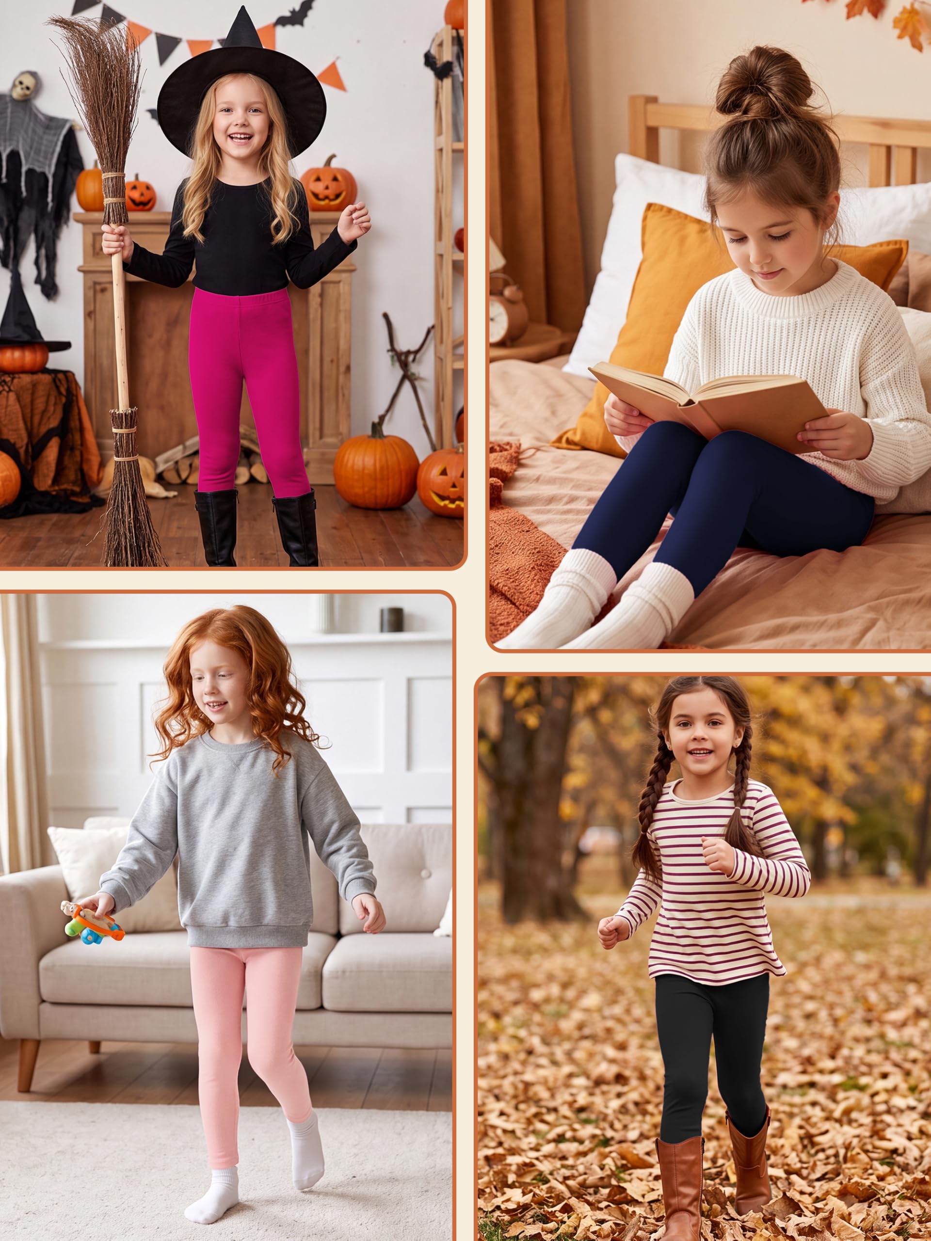 Paquete de 5 leggings de algodón para niñas, longitud completa, suaves, cómodos, cintura elástica, pantalones sin pies