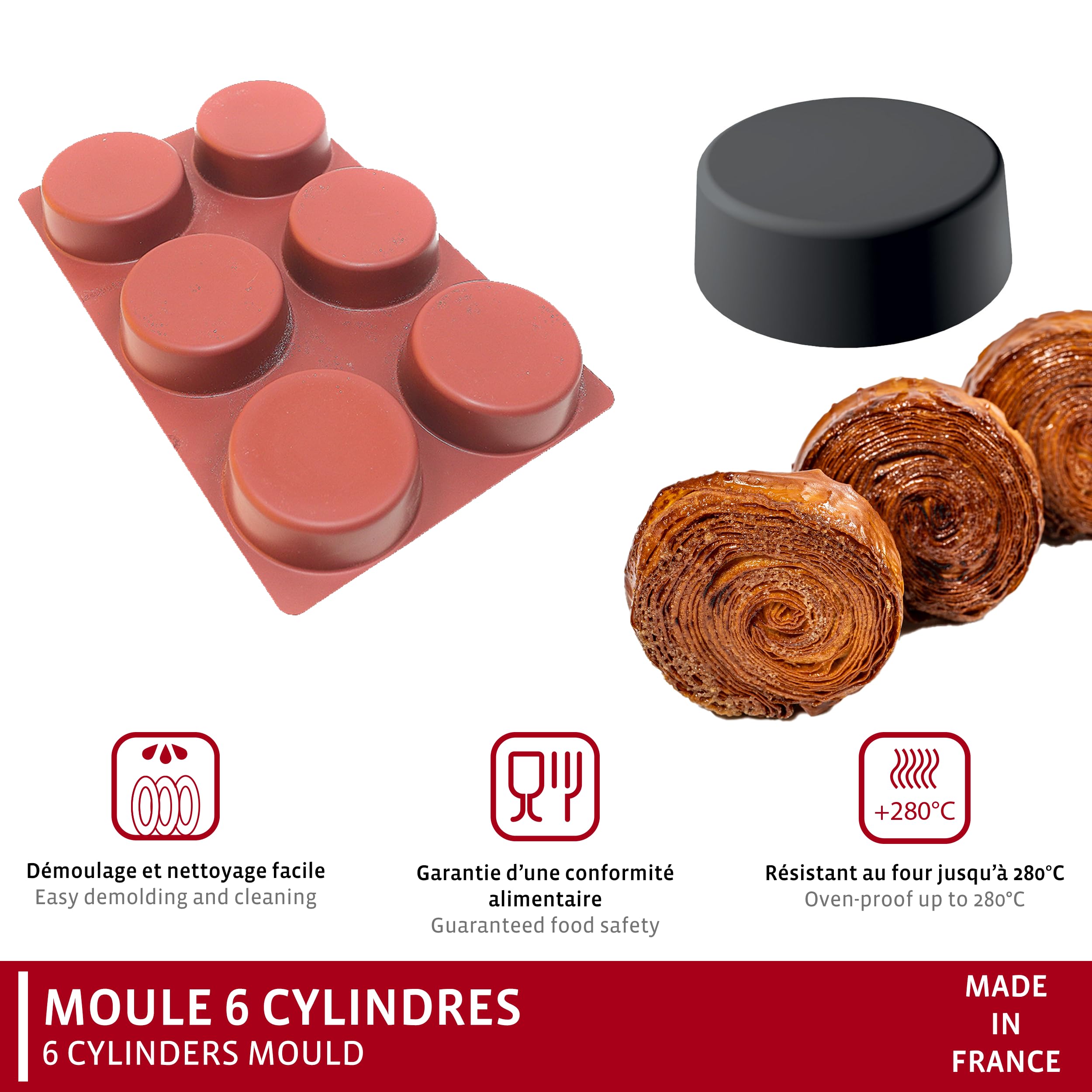 Maé Innovation Moule silicone 40x30cm - 6 cylindres ø10x3,5cm - Antiadhésif - 100% Premium - Made in France