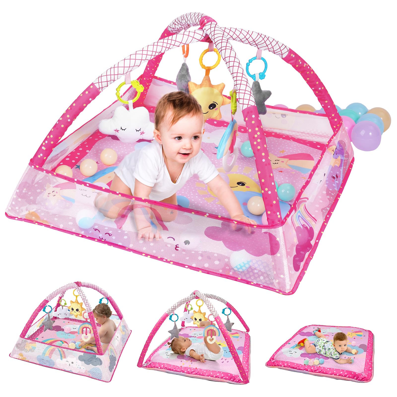 Tapis d'eveil bébé Parc et Tapis de Jeux Bebe 2 en 1 Tapis d'Éveil Évolutif avec Jouets d'activité Sensoriels Piscine à Balles Tapis deveil Bebe 0-6 Mois Cadeau de Naissance (Rose)