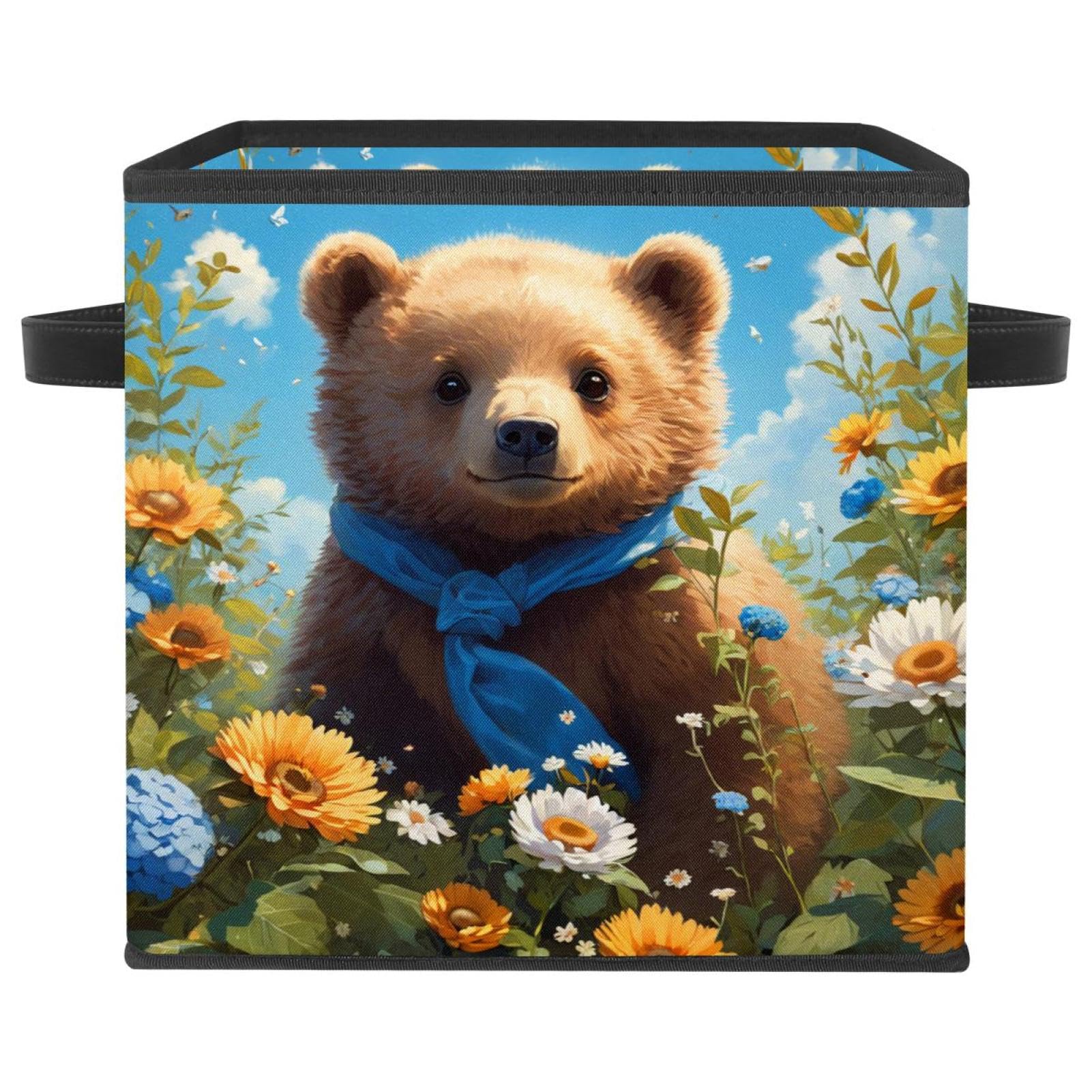 Boîte de rangement pliable motif ours et fleurs pour étagères cubiques