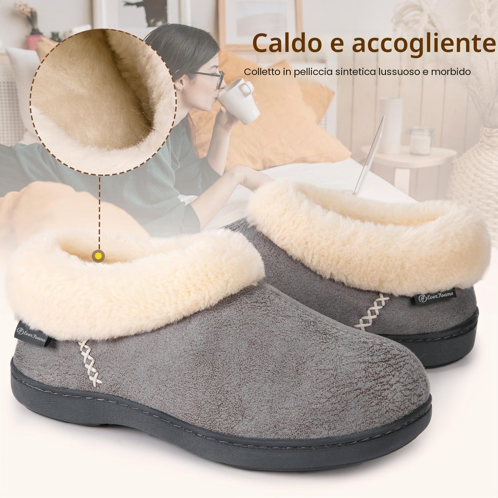 EverFoams Pantofole da donna in micro camoscio peloso, foderate in peluche, con comoda memory foam