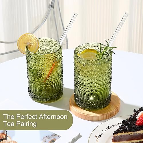 Vista 32 de Juego de vasos de vidrio vintage de 6 vasos de vidrio de hobnail de 15 onzas, vaso de agua azul en relieve, para cerveza, cóctel, whisky, jugo