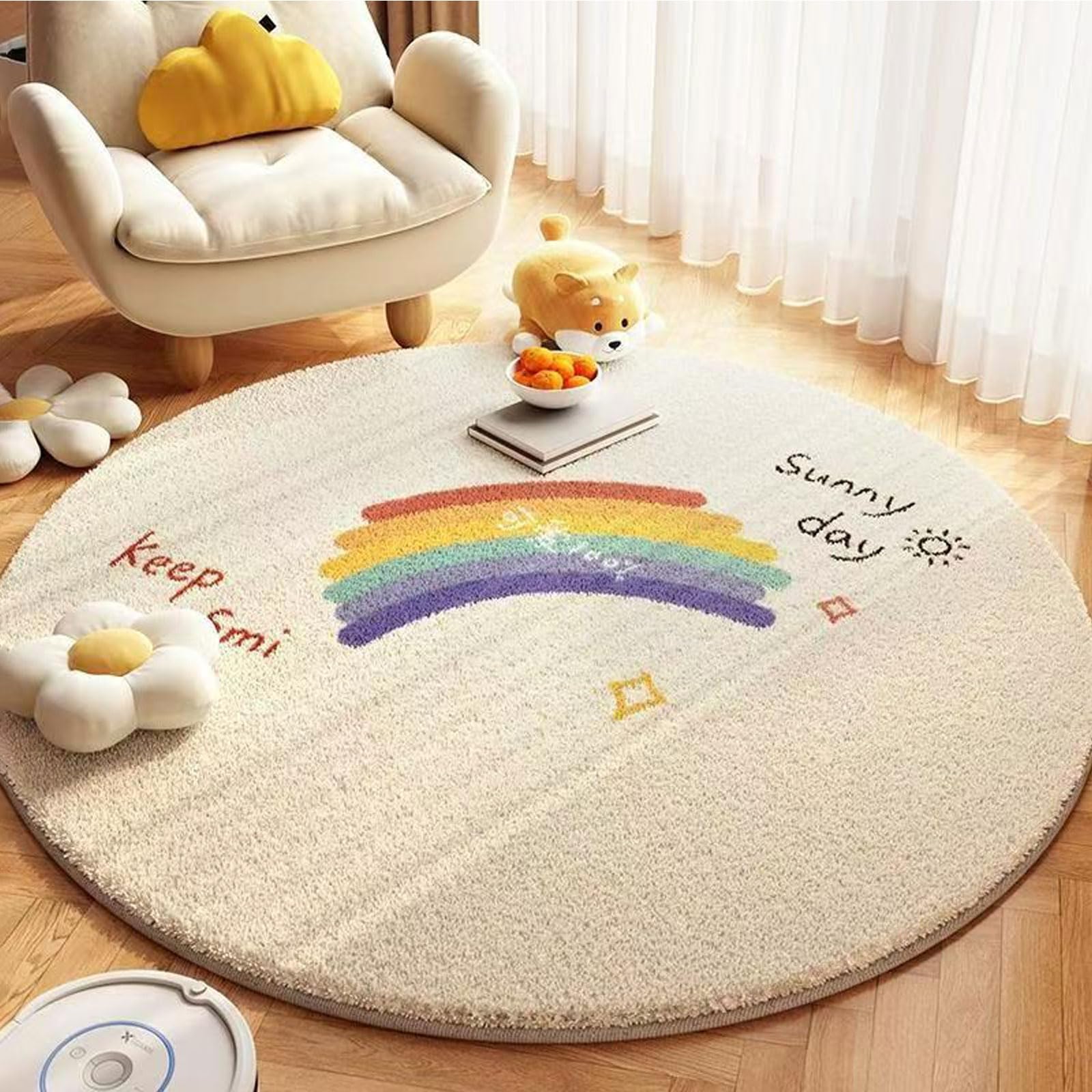 niepan Cream Style Round Bedroom Imitation Cashmere Carpet,thickened Children's Crawling Mat Reading Area And Play Area Mat,Round Cartoon Animal Educational Learning Crawling Mat Baby Carpet.
