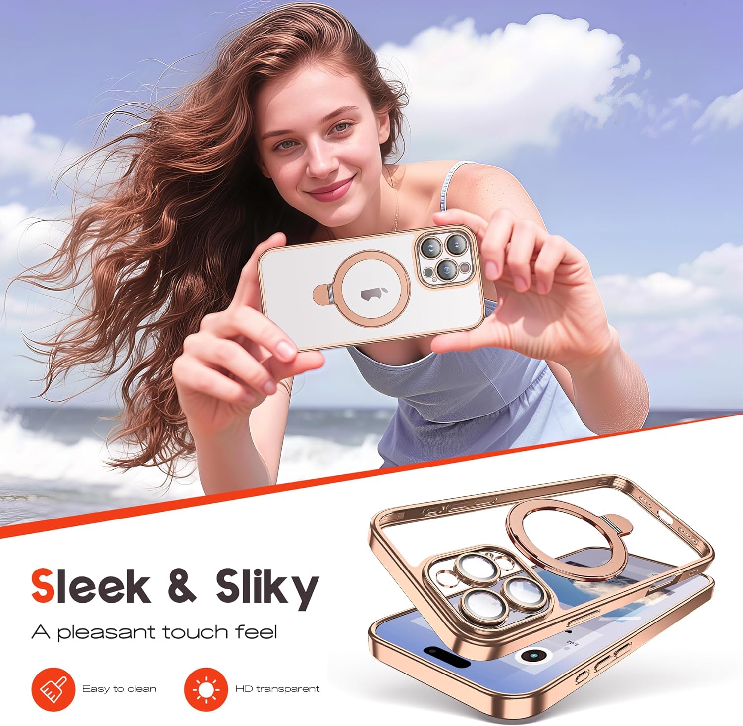 Compatible with iPhone 16 Pro Case with Magnetic Ring Stand [Camera Len Protectors][Compatible with Mag-Safe] Clear Plating Phone Case for iPhone 16 Pro 6.3",Desert Gold