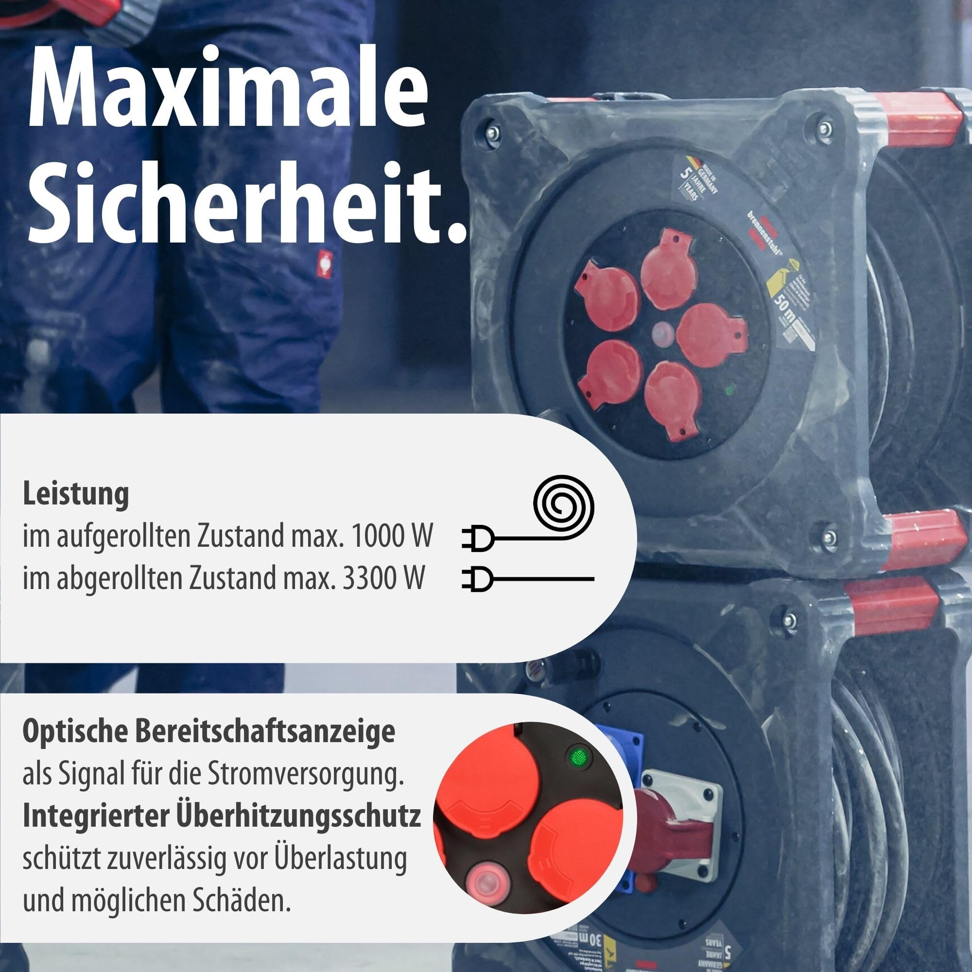 Brennenstuhl Professional KA 5110 5 IP44 avvolgicavo da cantiere (cavo BQ da 50 m in rosso, 5 prese di sicurezza, uso in cantiere e uso esterno permanente, Made in Germany)
