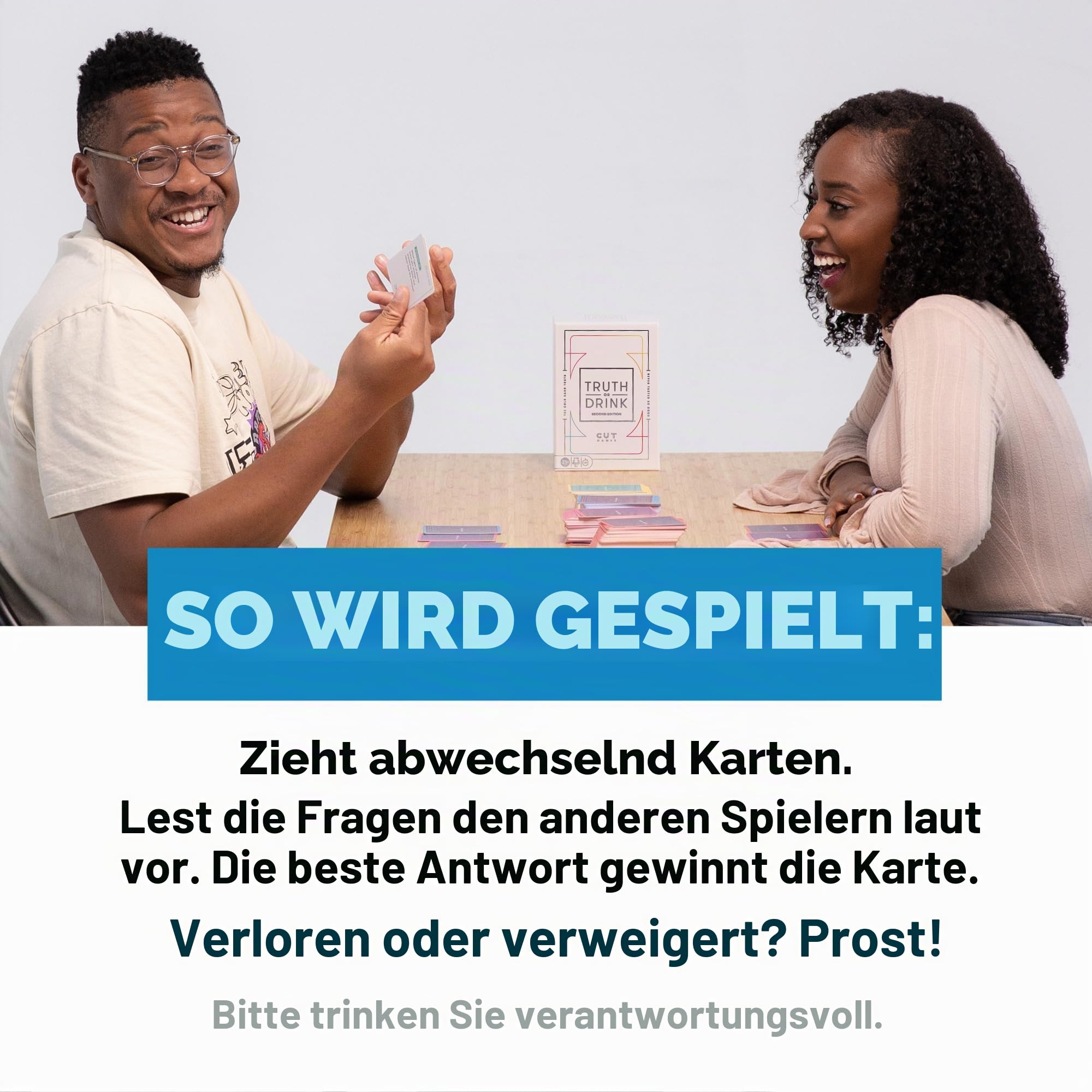 Truth or Drink Partyspiel von Cut I Bekannt auf TikTok, YouTube und Snapchat | 410 lustige Fragen | Alter 21+ | 2+ Spieler I lustige Spiele für Erwachsene