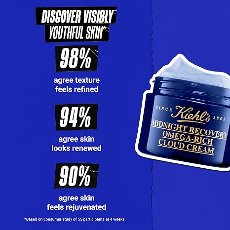 Kiehl's Midnight Recovery Omega-Rich Cloud Night Cream, Anti-Aging Face Moisturizer Plumps & Restores Skin, Naturally Derived Formula Restores Barrier, Boosts Radiance & Moisture, For All Skin Types