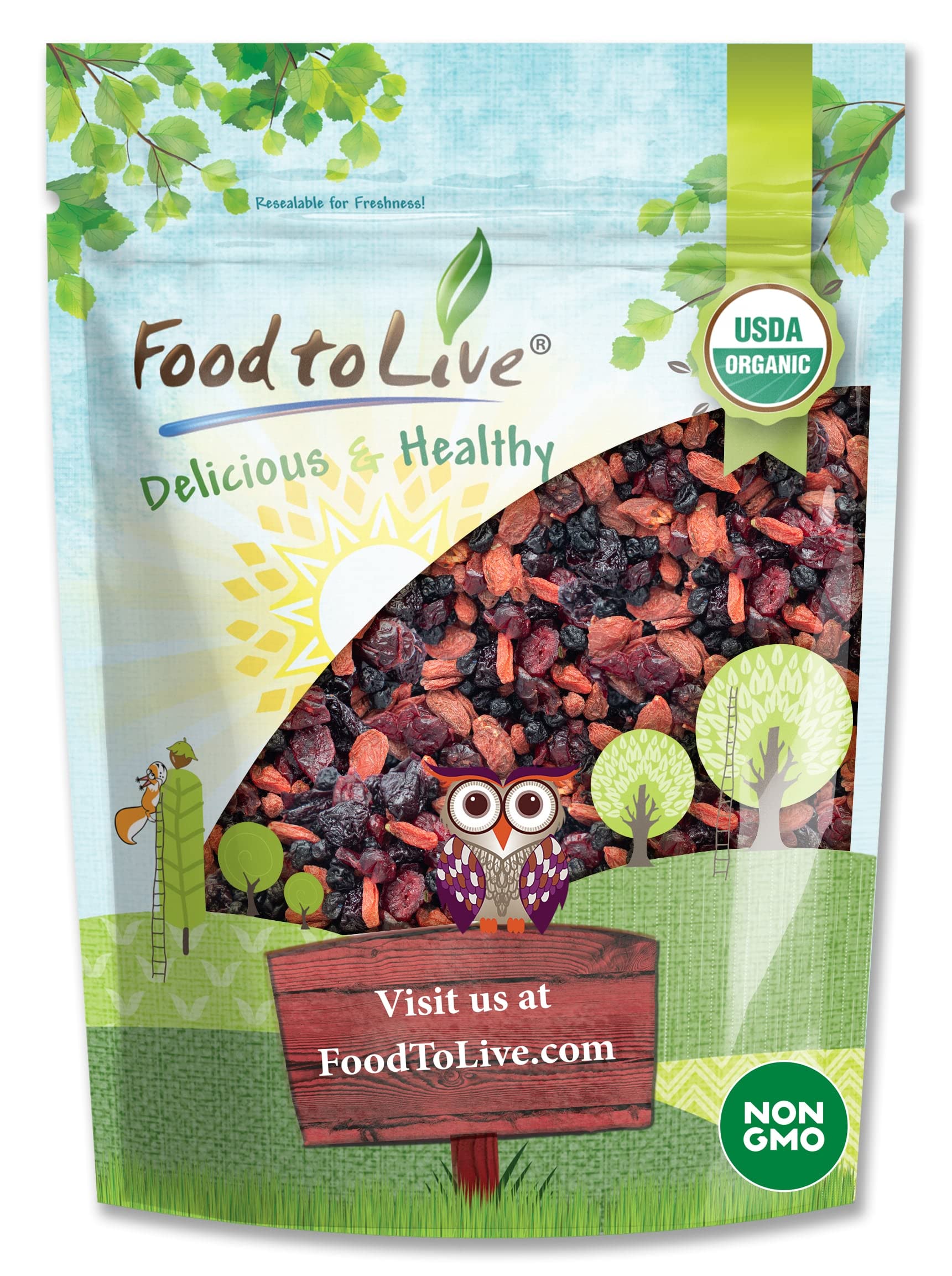 Food to Live - Organic Yummy Berries Mix, 1.5 Pounds - A Blend of Non-GMO Dried Cranberries, Blueberries, Cherries, Goji Berries, Vegan, Unsulfured, Bulk