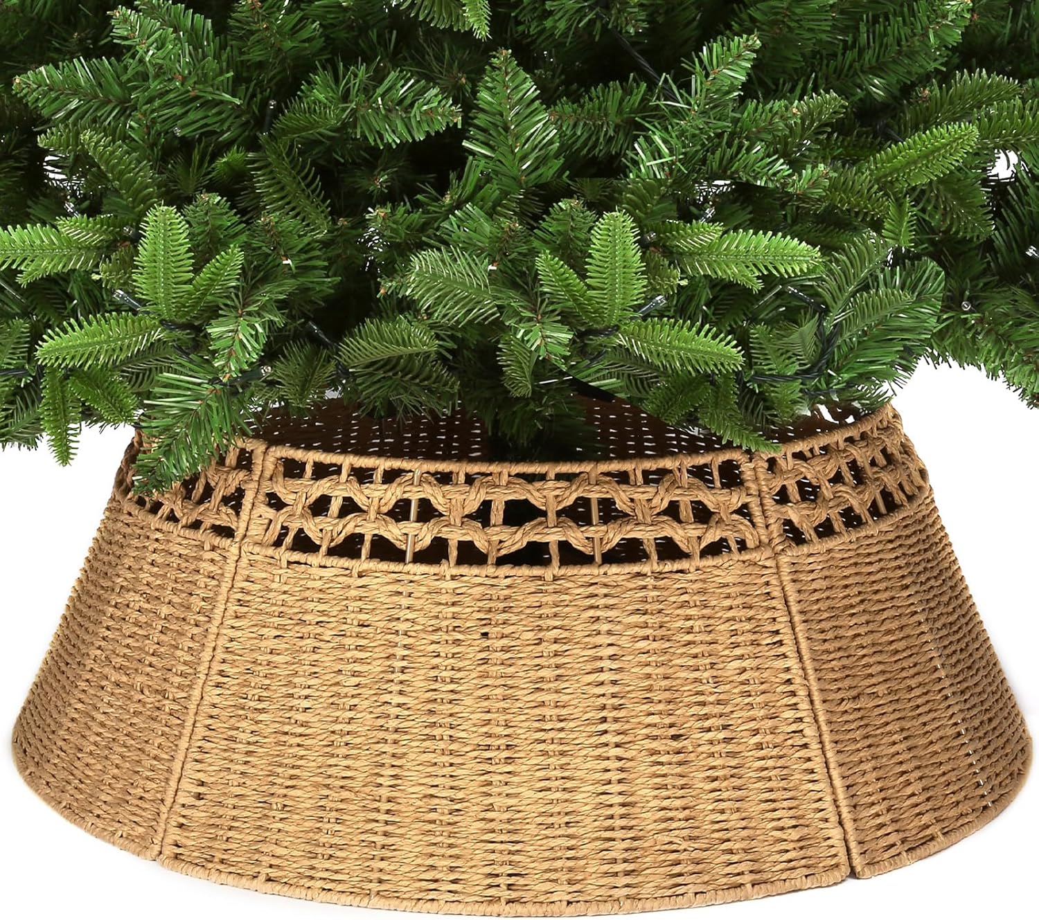 Joyhalo Christmas Tree Collar for Artificial Trees, 27.5in Tree Skirt Collar, Christmas Tree Base Collar, Wicker Tree Collar, Xmas Woven Tree Collar, Farmhouse Rattan Basket Rustic Ring Collar Modern Straw-coloured