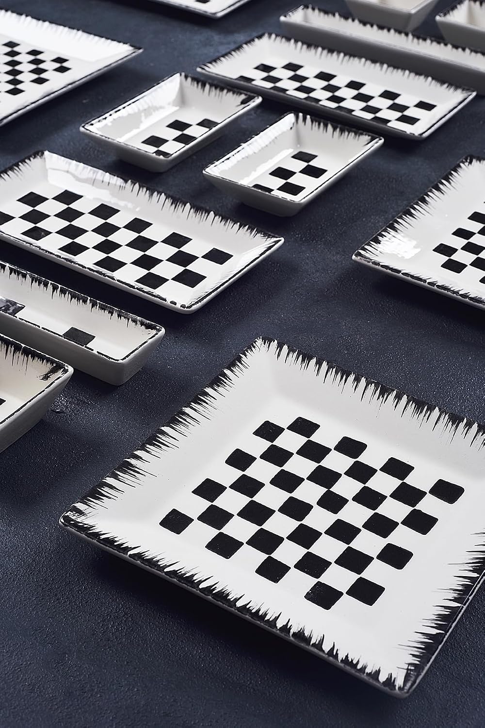 Breakfast Set 16 Piece for 6 People Checkered Design Handmade Ceramic Serving Plates, Unique Tableware for Special Occasions, Black - Black, One Size