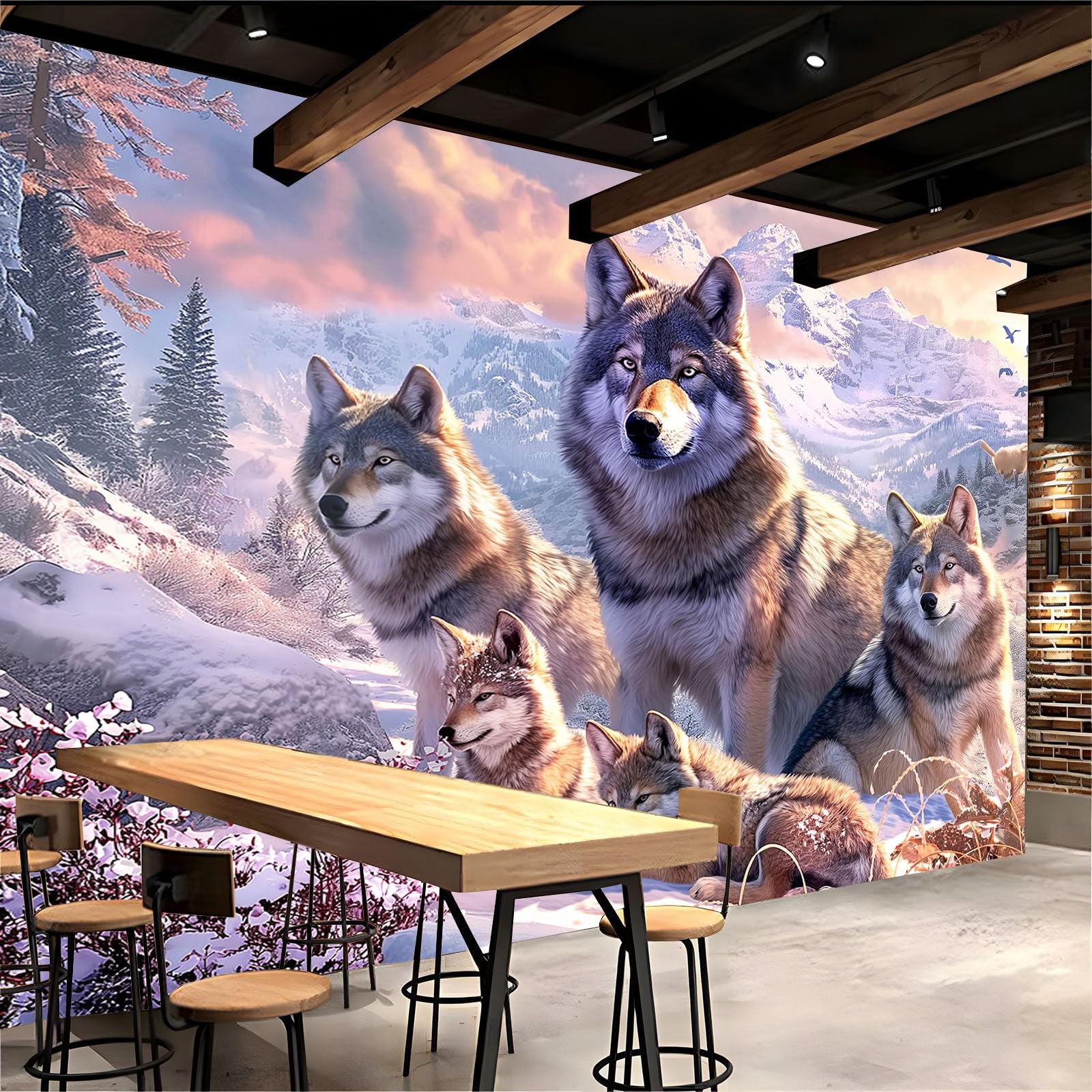 Générique Papier Peint Mural Chambre Loup Animal De Montagne De Neige 300x210 cm Poster Geant Mural 3D Tableaux Muraux Tapisserie Photo, Salon Chambre d'enfants Mur de Fond Papier Peint Panoramique