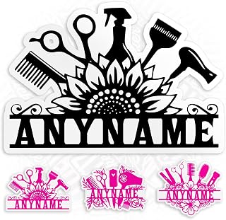 Custom Hair Salon Name Sticker Personalized Hairstylist Stylists Hairdressers Stickers Flowers Waterproof Die-Cut Vinyl Sticker Decal for Kindle Laptop Water Bottles Phone Decal Gifts