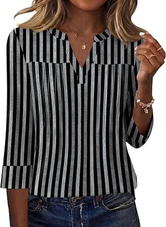 Rapbin Spring Tops for Women, 3/4 Sleeve V-Neck Blouses, Casual Dressy T-Shirts