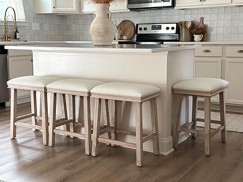 Juego de 4 taburetes de bar de madera maciza blanca para encimera de cocina, taburetes de bar costeros con taburetes tapizados de piel sintética