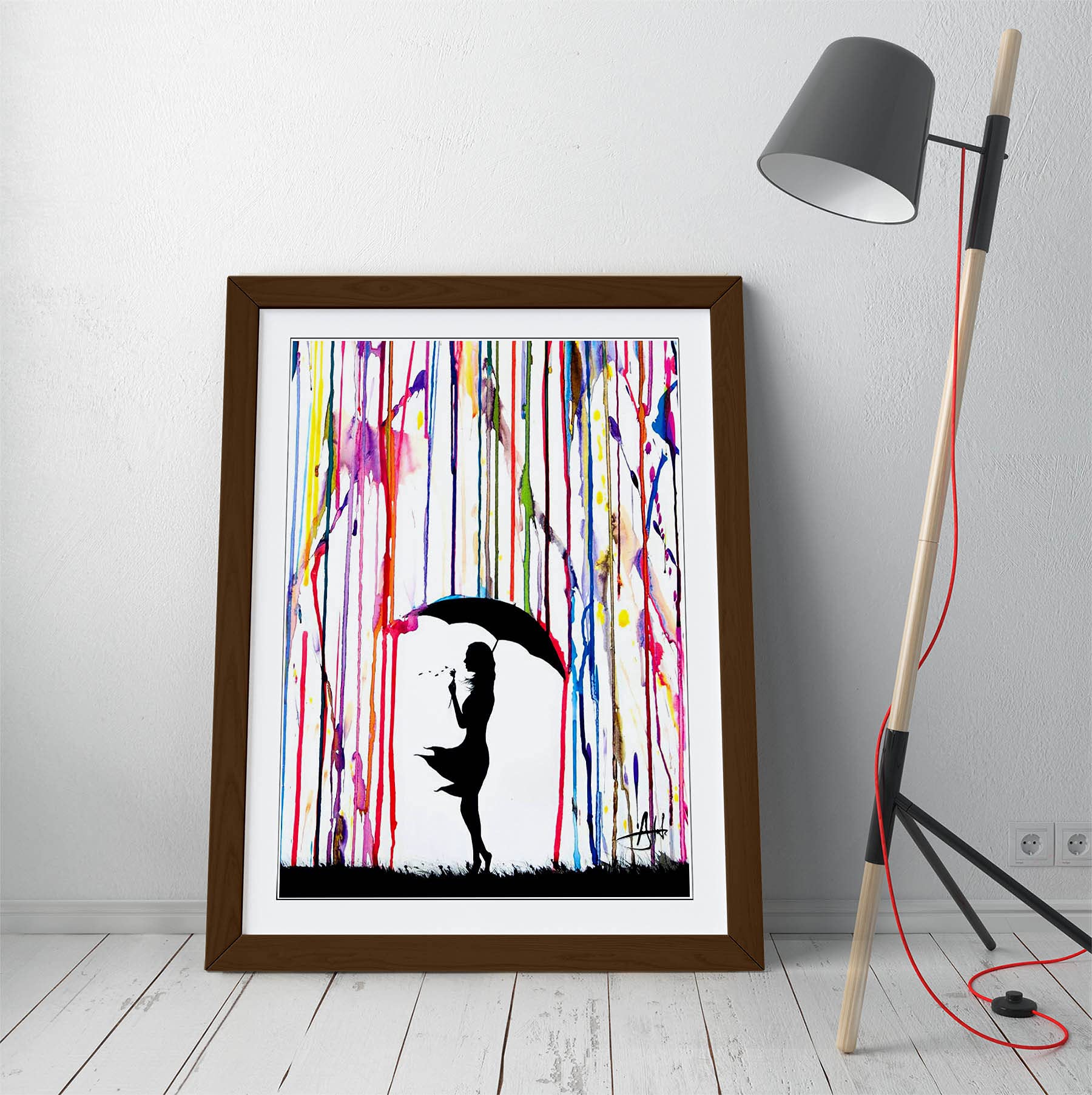 Canvasartshop Girls Walnut Banksy Umbrella - Premium Wall Art Framed Picture Prints - 3 Colours - 4 Sizes (A1, )