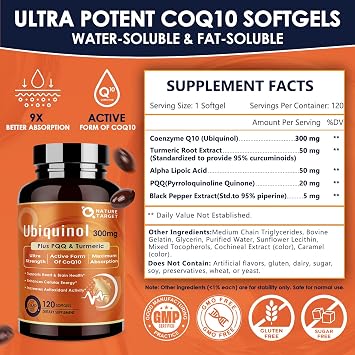 NATURE TARGET Ubiquinol CoQ10 300mg with PQQ & Turmeric, 120 Count