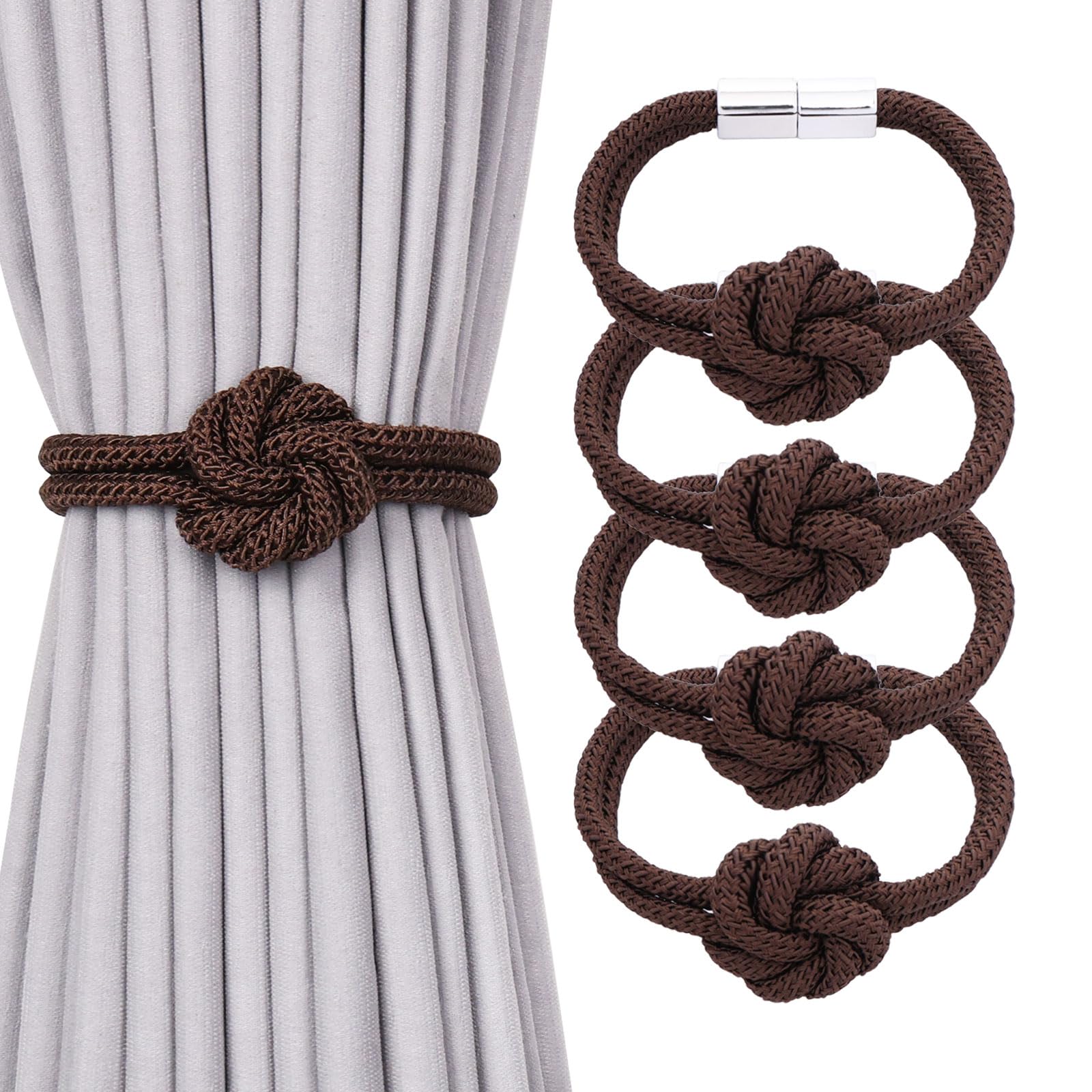 Pretty Jolly 4 Pack Cute Flower Knot Magnetic Curtain Tiebacks Nordic Style Drape Tie Backs Elegant Hand Weave Rope Decorative Curtain Holdbacks for Home & Office Window Drapery (Coffee)
