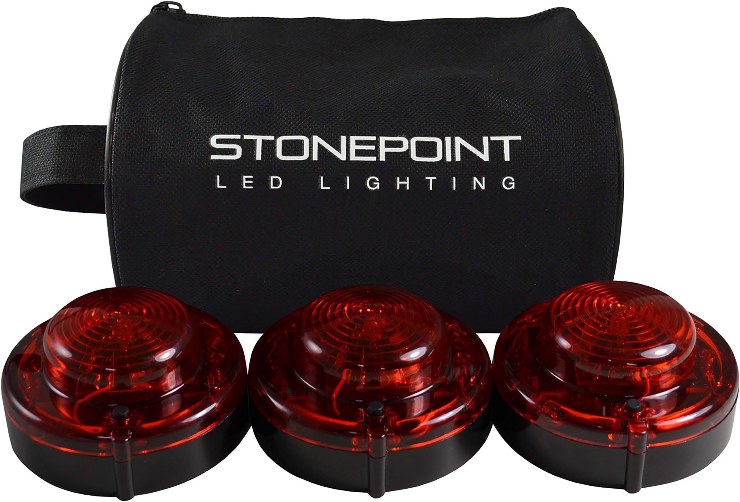 Stonepoint Emergency LED Road Flare Kit – Set of 3 Super Bright LED Roadside Beacons with Magnetic Base – Flashing or Steady Red Lights Visible Up to 2 Miles Away – Includes Storage Bag