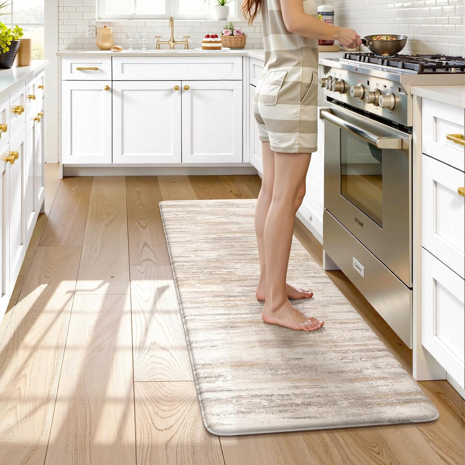 KIMODE Anti Fatigue Mats for Kitchen Floor, Farmhouse Kitchen Runner Rugs 24"x59", Non Slip Kitchen Mats for Floor, Padded Kitchen Floor Mats, Light Brown Rugs for Kitchen Floor Sink Laundry Office 59"L x 24"W x 0.5"Th Light Brown/Multi