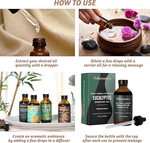 Miniatura 7 de Folkulture Aceite esencial de eucalipto para difusor, 4 onzas líquidas, aceite esencial 100% puro, natural y sin diluir, grado terapéutico prémium