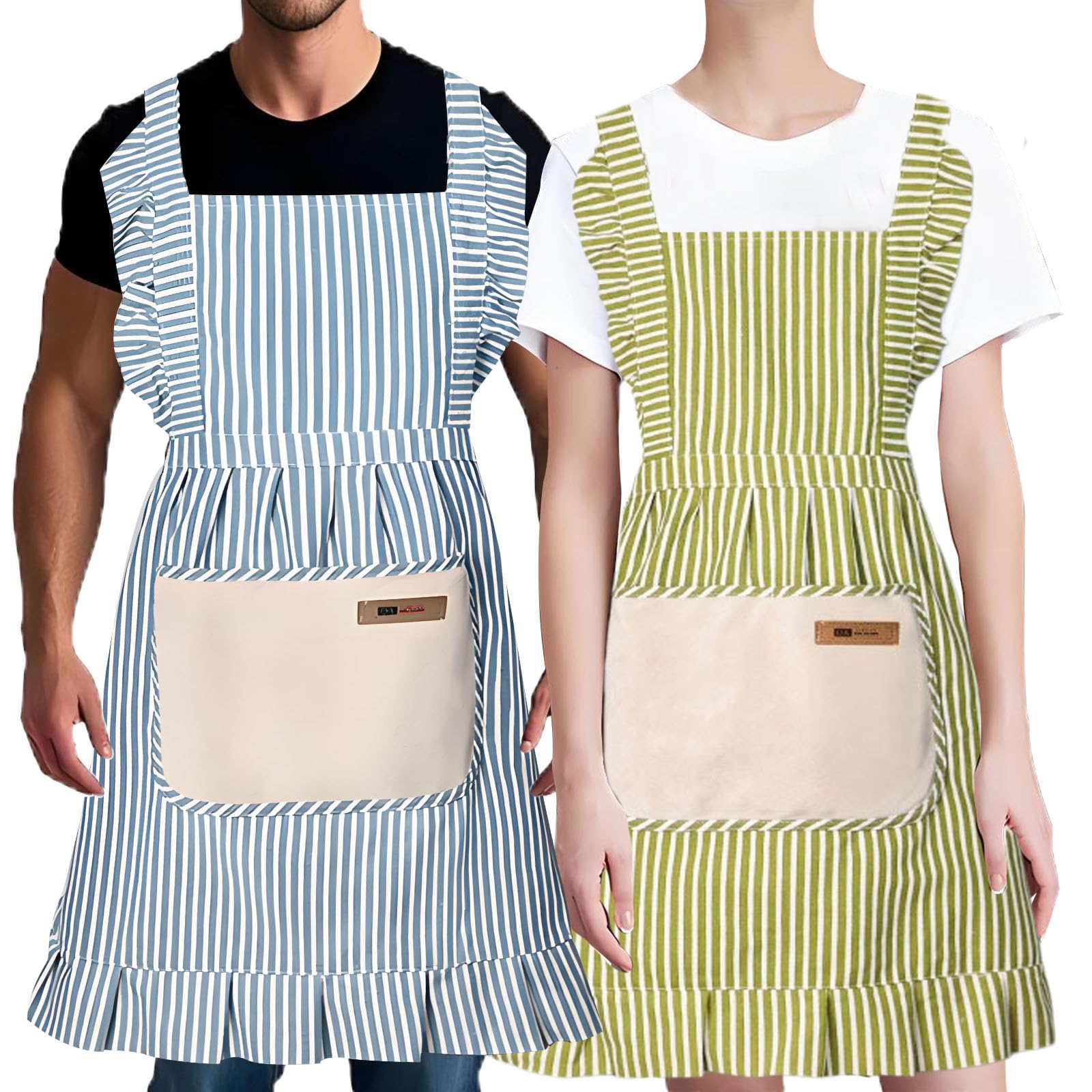 BERVASTO 2Pcs Kitchen Cooking Aprons, Adjustable Bib Aprons with 2 Pockets & Hand Wipe Pocket for Womenand men