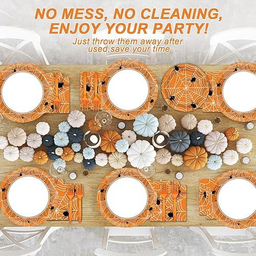 Miniatura 5 de 100 platos y servilletas de tela de araña de Halloween, suministros para fiesta, juego de vajilla para fiesta de telaraña, color blanco y negro,