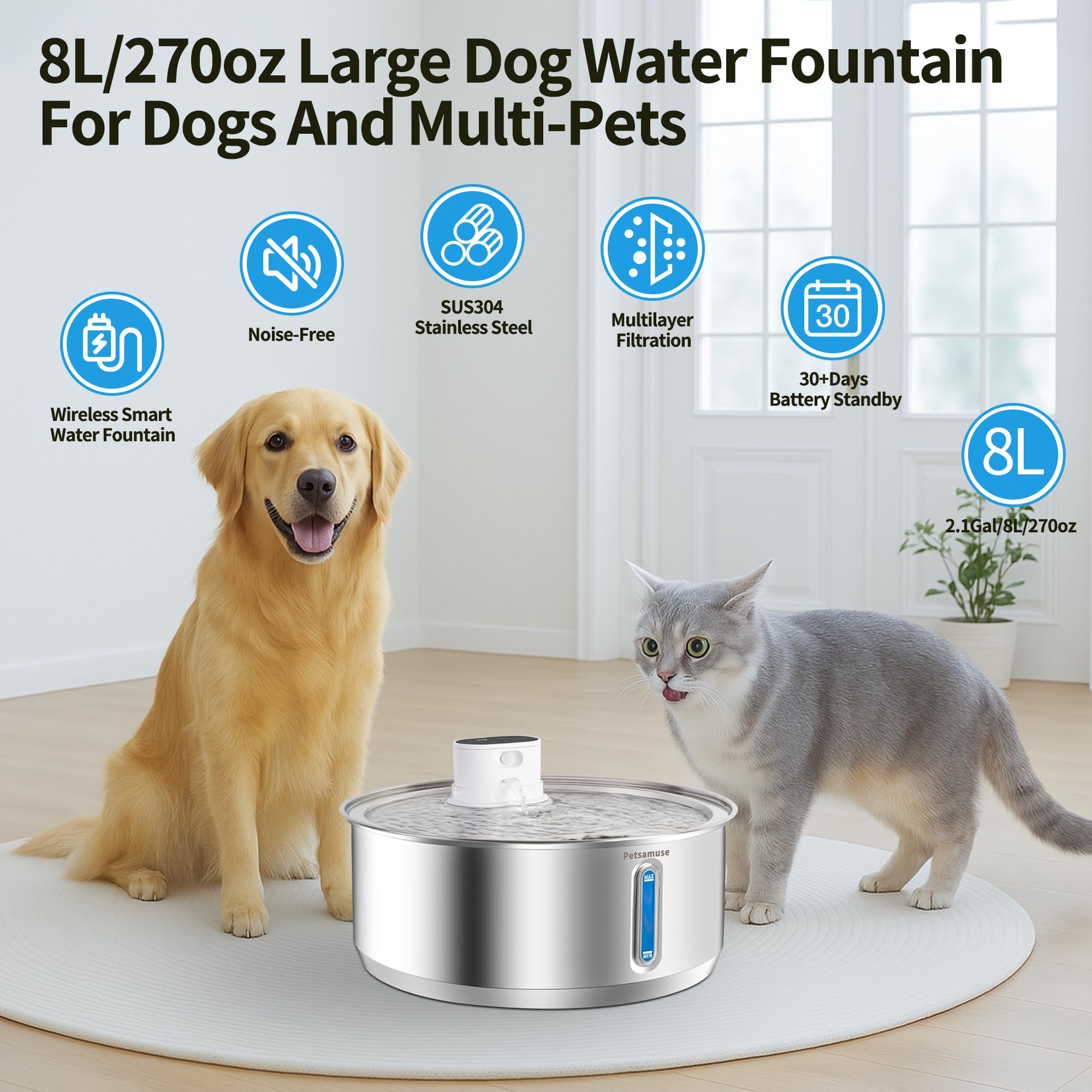 Petsamuse Wireless Stainless Steel Dog Water Fountain, 2.1Gal/8L Battery Operated Large Dog Water Bowl Dispenser Motion Sensor Water Fountain Dog Bowl Inside with 13 Filters and 2 Ultra Quiet Pumps