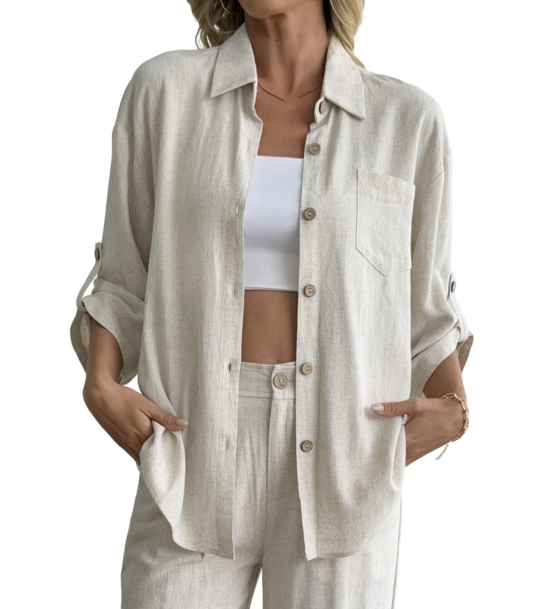 Chemise boutonnée en coton et lin à manches 3/4 pour femme, chemisier ample décontracté à col surdimensionné