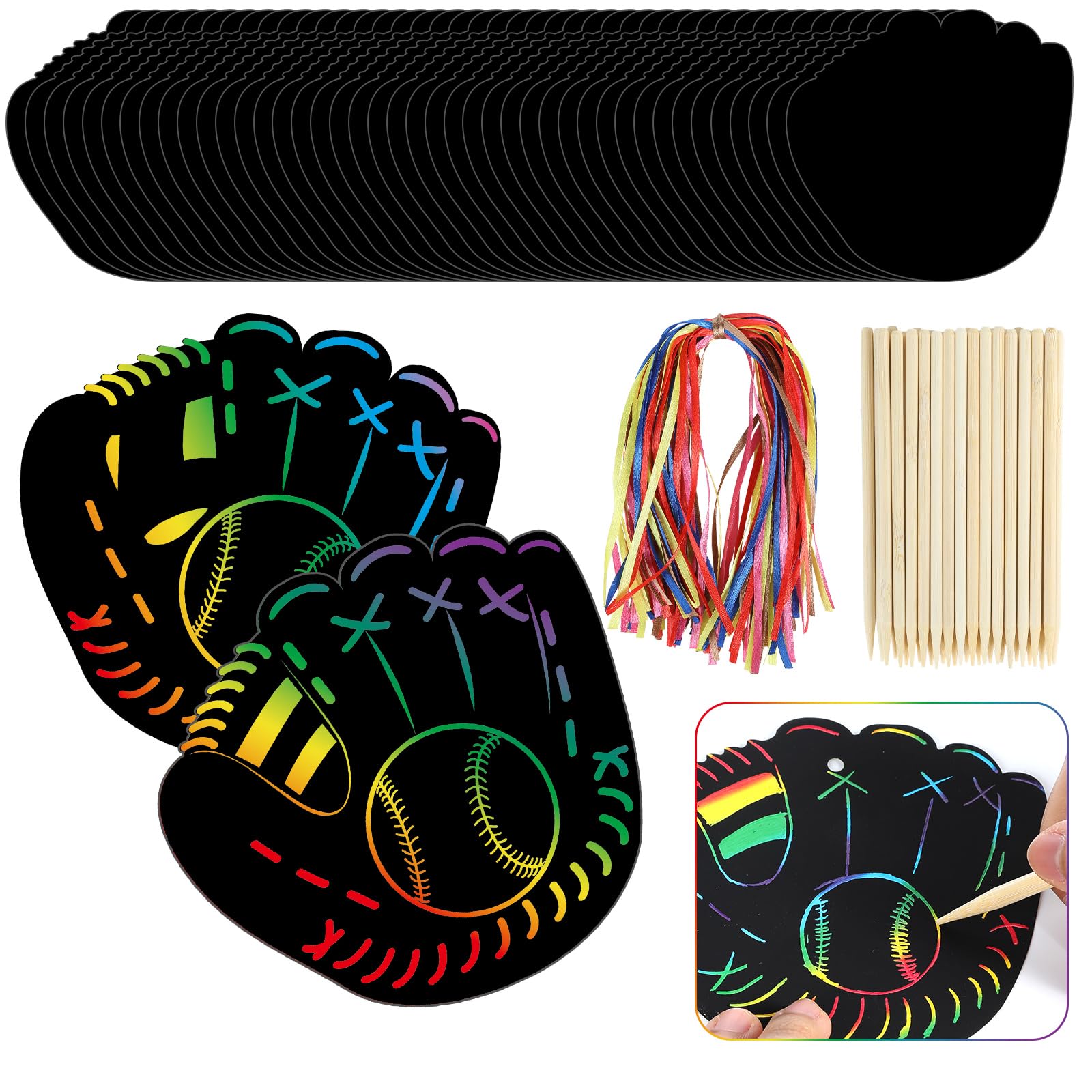 CHUNNIN 60 Sets Baseball Crafts Mitten Rainbow Magic Scratch Cards Art Baseballs Glove Paper Hanging Ornaments for Sport Birthday Party Favors Back to