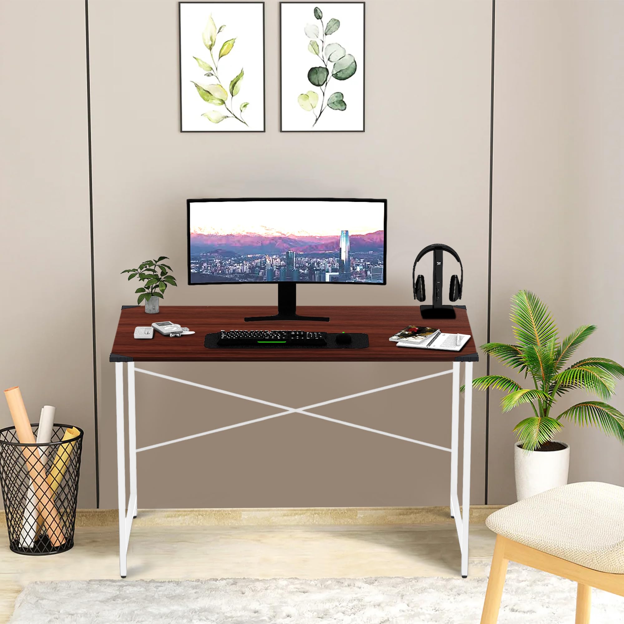 wow craft Study Table for Home | Computer Desk with White Metal Frame & Engineered Wood Top | Space Saving Office Desk for Work from Home | Brown with White Legs | 91x60x77 cm (36x24x30 Inches) - DIY