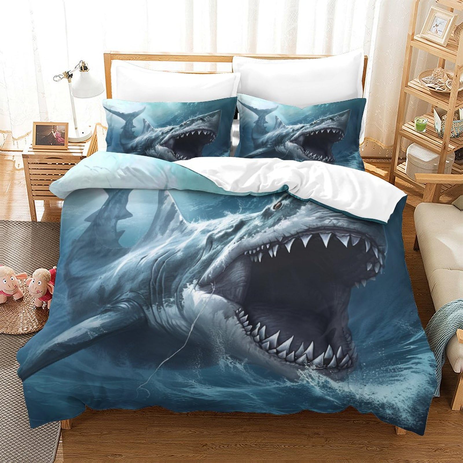 NRAOPEVVD Shark Duvet Cover 3 PCS Hotel Quality Quilt Cover Bed Sets Bed Covers with Pillowcases with Zipper Closure Hypoallergenic Soft Breathable Microfiber Single（140x200cm）