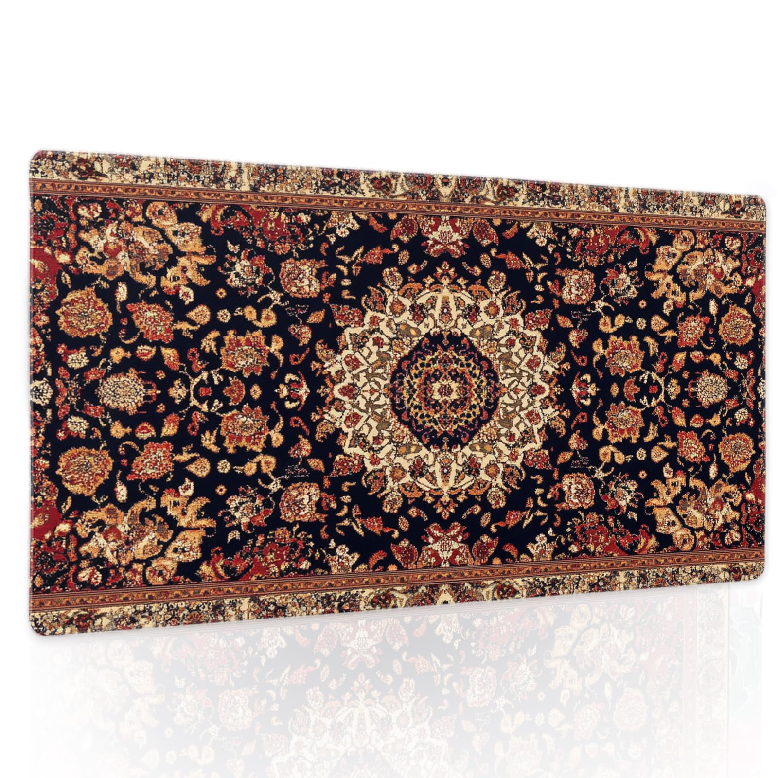Vintage Rug Gaming Mouse Pad XL Dark Brown Retro Carpet Aesthetic Extended Large Mat Mousepad Desk Pad Non-Slip Rubber Base Stitched Edge Flower