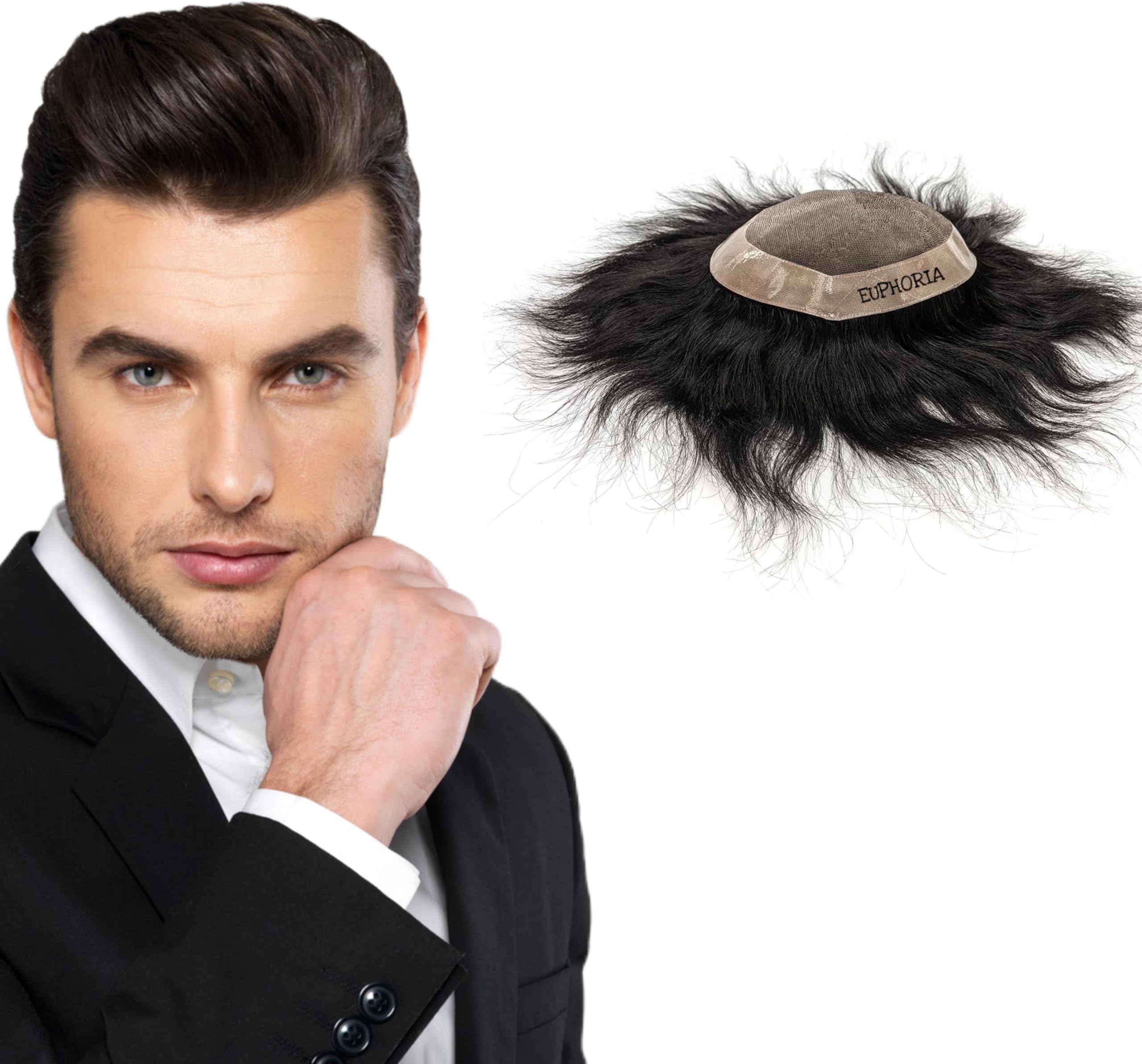 Euphoria® 8x6 ORIGINAL MONO Hair Patch for Men 100% Natural Black Human Hair Wig Install with Hair Toupee Tape, Clips or Glue