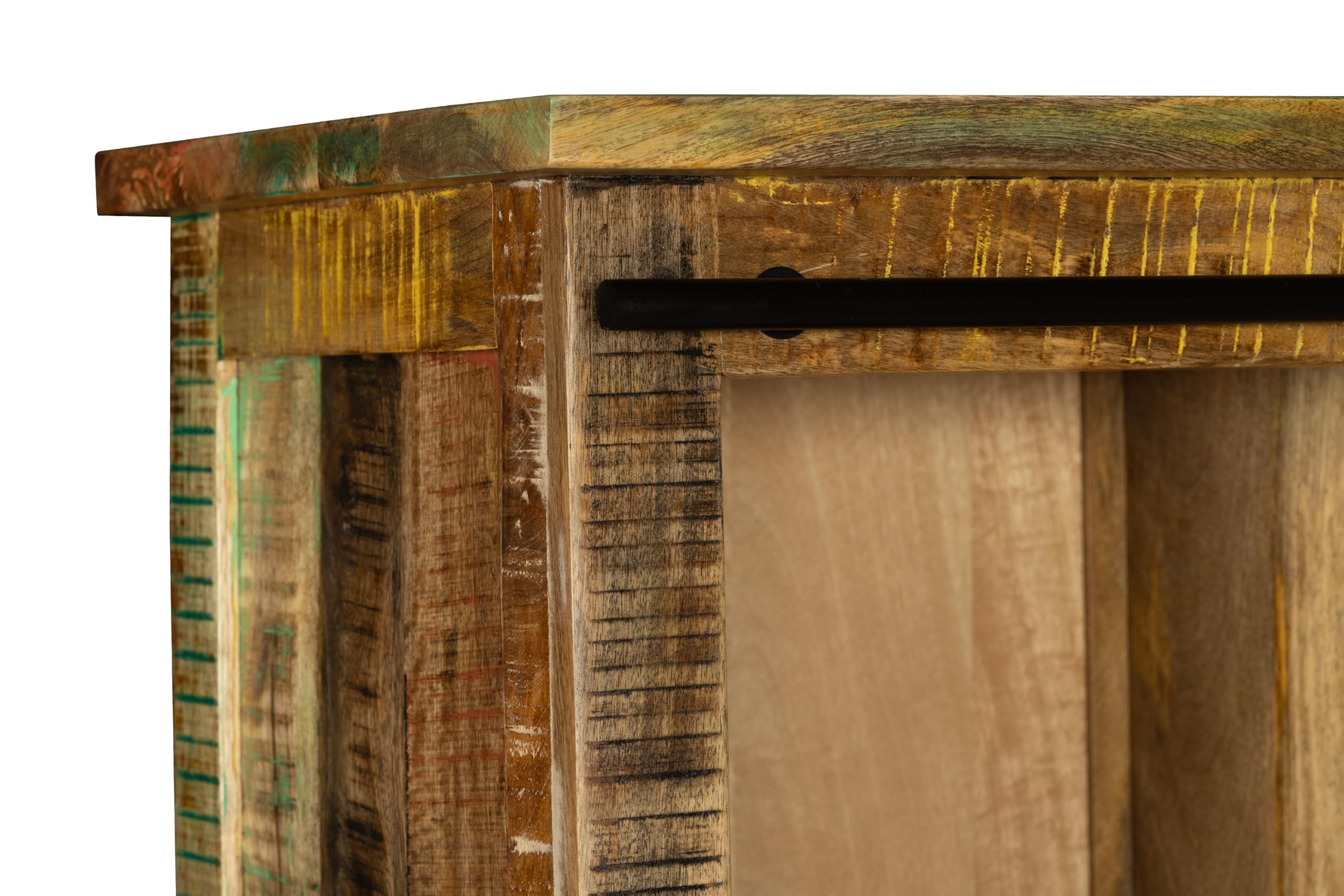SAM Vitrine Libro, Mangoholz massiv + bunt, Glasvitrine mit Einer Glasschiebetür, 3 Schubladen & 7 offenen Fächern, Türelemente & Reling aus Eisen, 100 x 175 x 43 cm, Shabby Chic