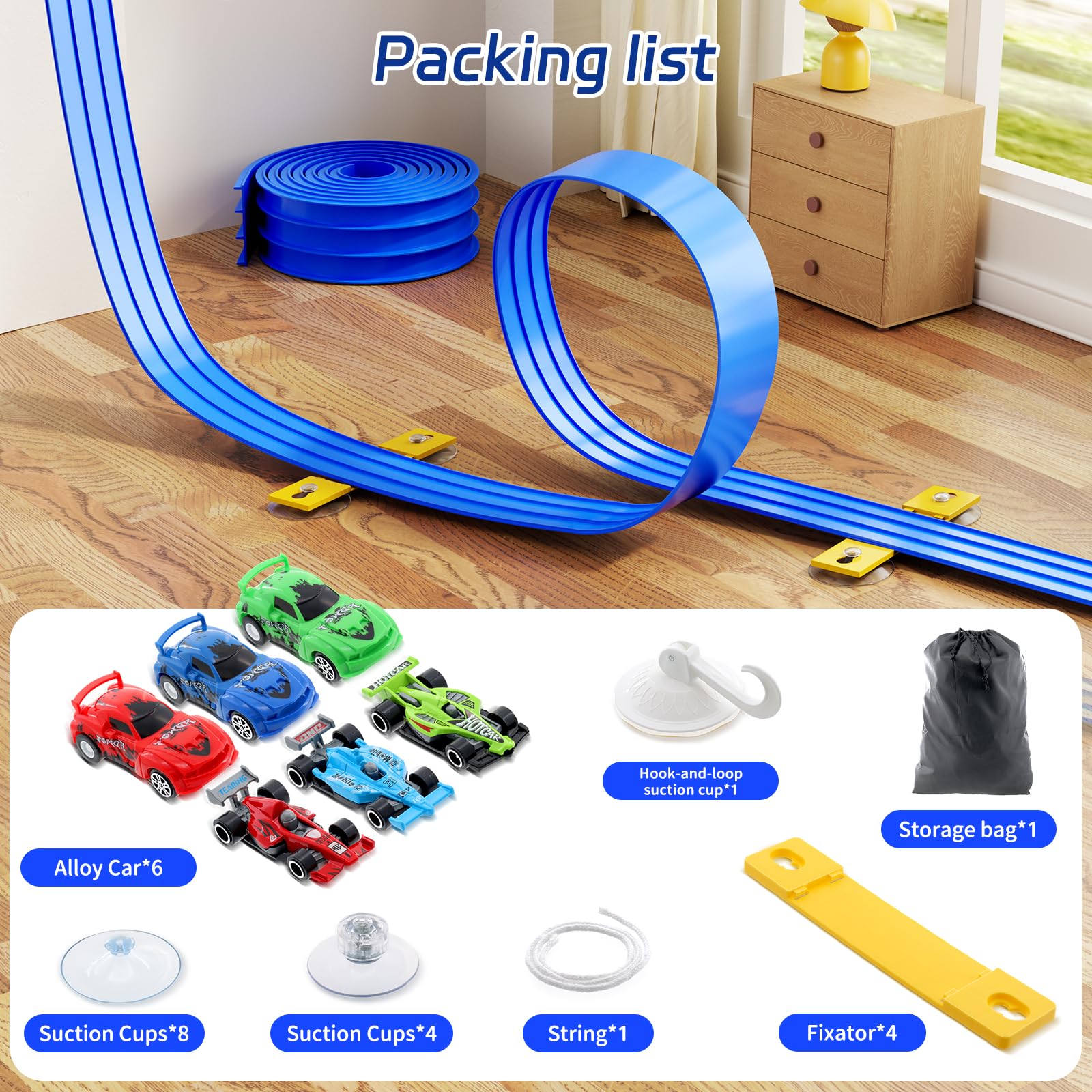 Set di giocattoli flessibili a 3 corsie - Pista fai da te da 16,4 m con forti ventose, pista portatile arrotolabile per bambini compatibile con auto pressofuse 1/64