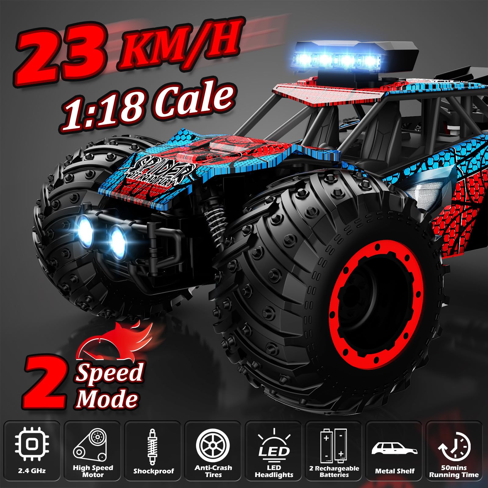 Spider Coche Teledirigido Niños 3 4 5 6 Años,2 Baterías Coche RC,1/18 Coche Radiocontrol con Luz,Regalo Juguetes niños 3 4 5 6 7 8,Coches para Niños,RC Car Alta Velocidad[2025 Versión Aleación]