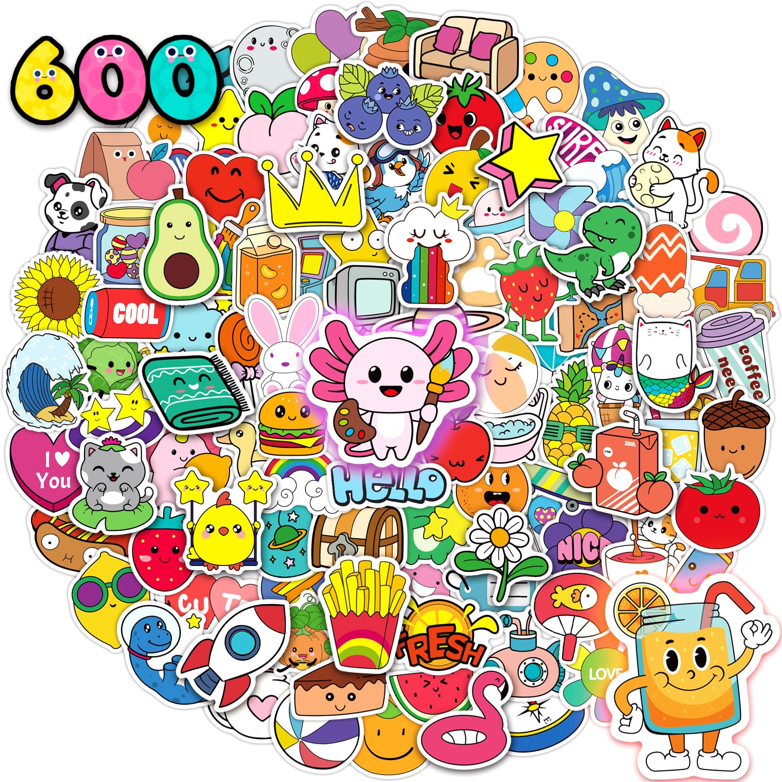 STKJoviale 600PCS Cute Stickers for Kids - Kawaii, Waterproof Vinyl Laptop & Water Bottle Stickers Pack