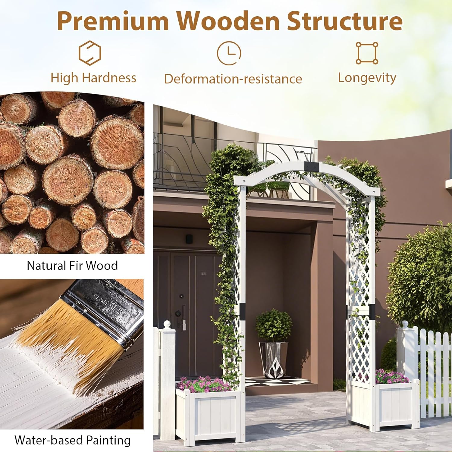 Giantex Garden Arbor with Planter Boxes, Wooden Arch with Trellis and Raised Garden Bed for Climbing Vine Plants Vegetables Herbs, Decorative Arbor Archway for Wedding, Ceremony, Party (White)