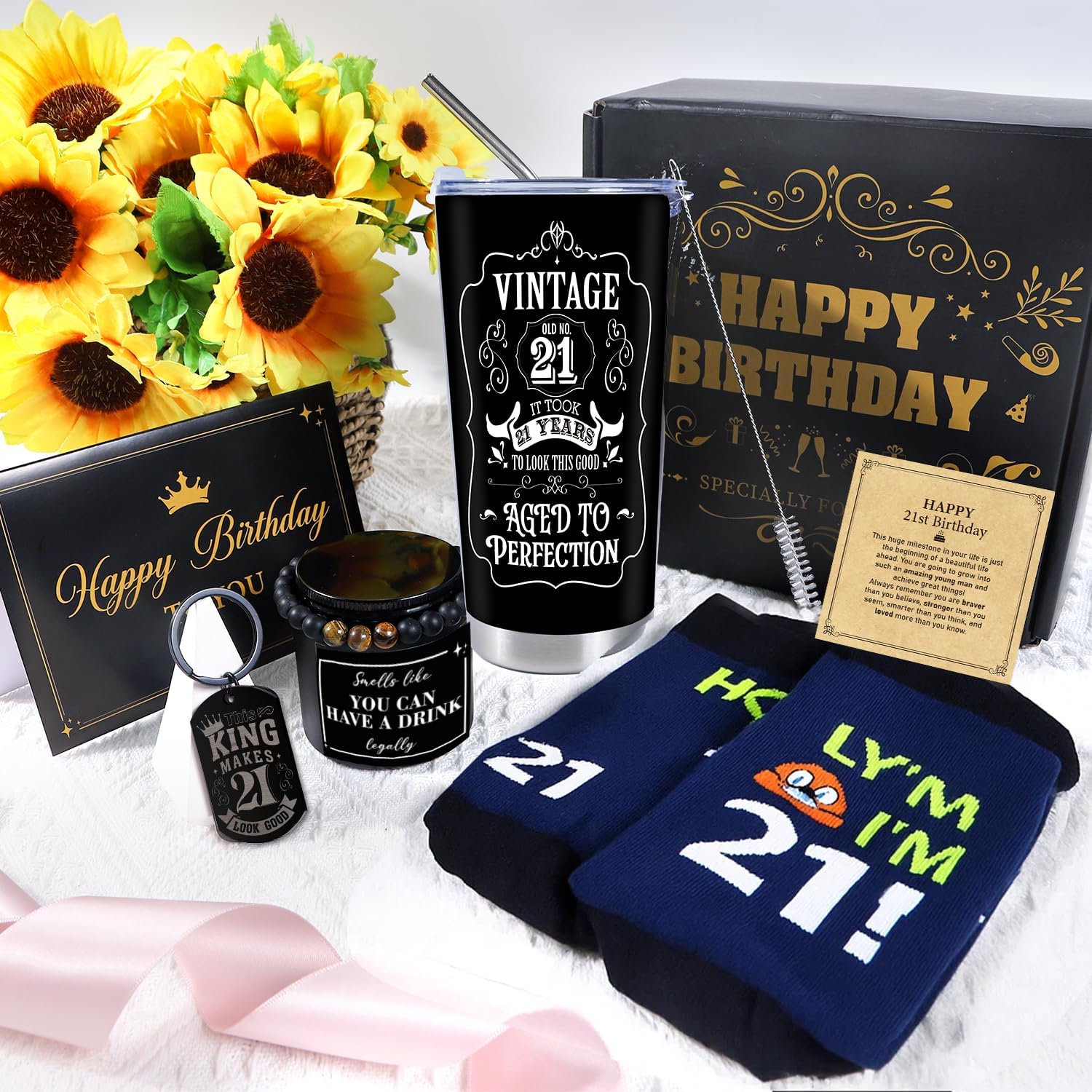 Keluna 21st Birthday Gifts for Him - 6Pcs 21 Year Old Male Birthday Gifts Ideas, 20oz Tumbler, Funny Socks, Keychain, Bracelets, Candles, 21st Presents for Son Grandson Nephew Brother from Mom Dad - Image 3